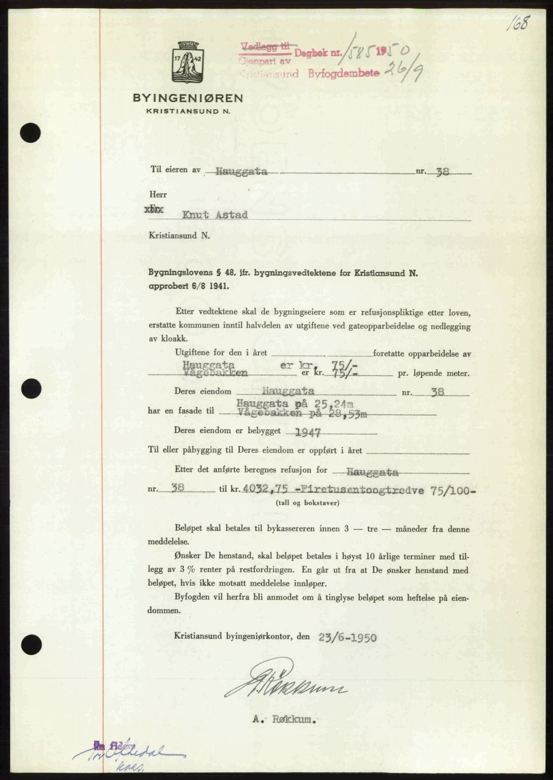 Kristiansund byfogd, AV/SAT-A-4587/A/27: Pantebok nr. 50, 1950-1950, Dagboknr: 1585/1950