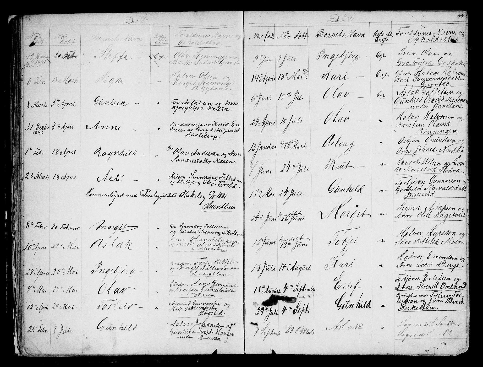 Kviteseid kirkebøker, AV/SAKO-A-276/G/Gb/L0002: Klokkerbok nr. II 2, 1850-1892, s. 44