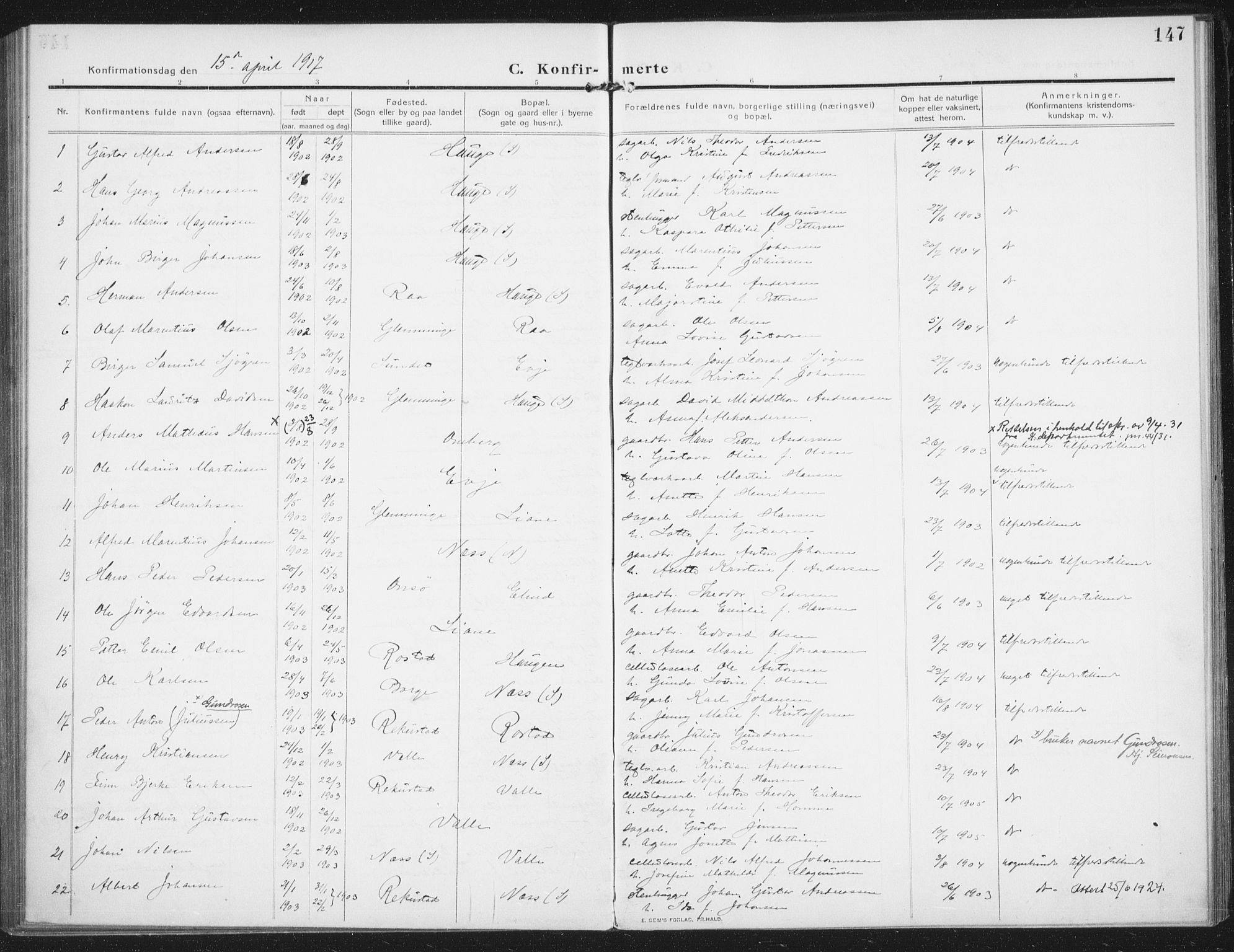 Rolvsøy prestekontor Kirkebøker, AV/SAO-A-2004/F/Fa/L0002: Ministerialbok nr. 2, 1909-1917, s. 147