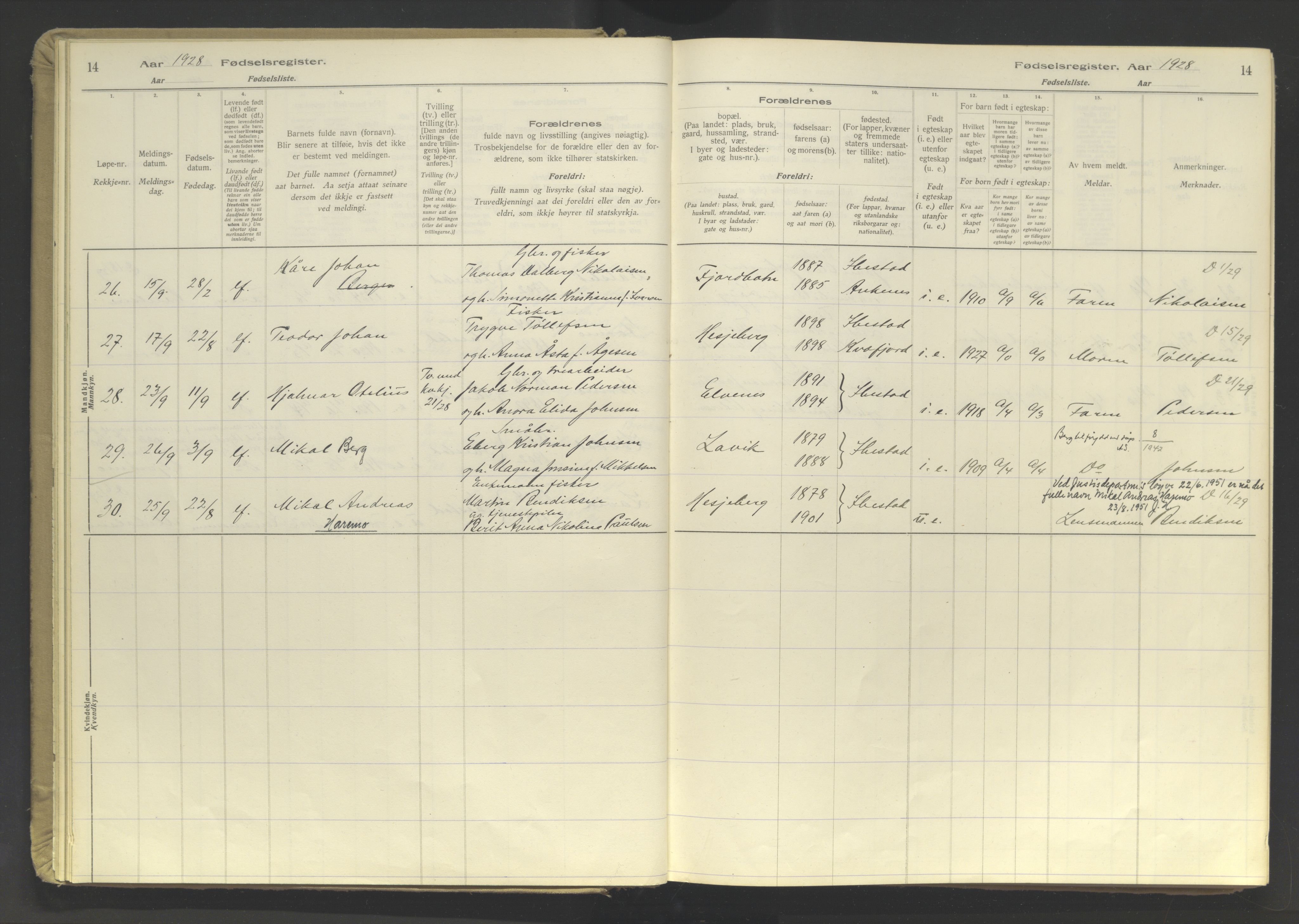 Ibestad sokneprestembete, AV/SATØ-S-0077/I/Ic/L0064: Fødselsregister nr. 64, 1926-1961, s. 14