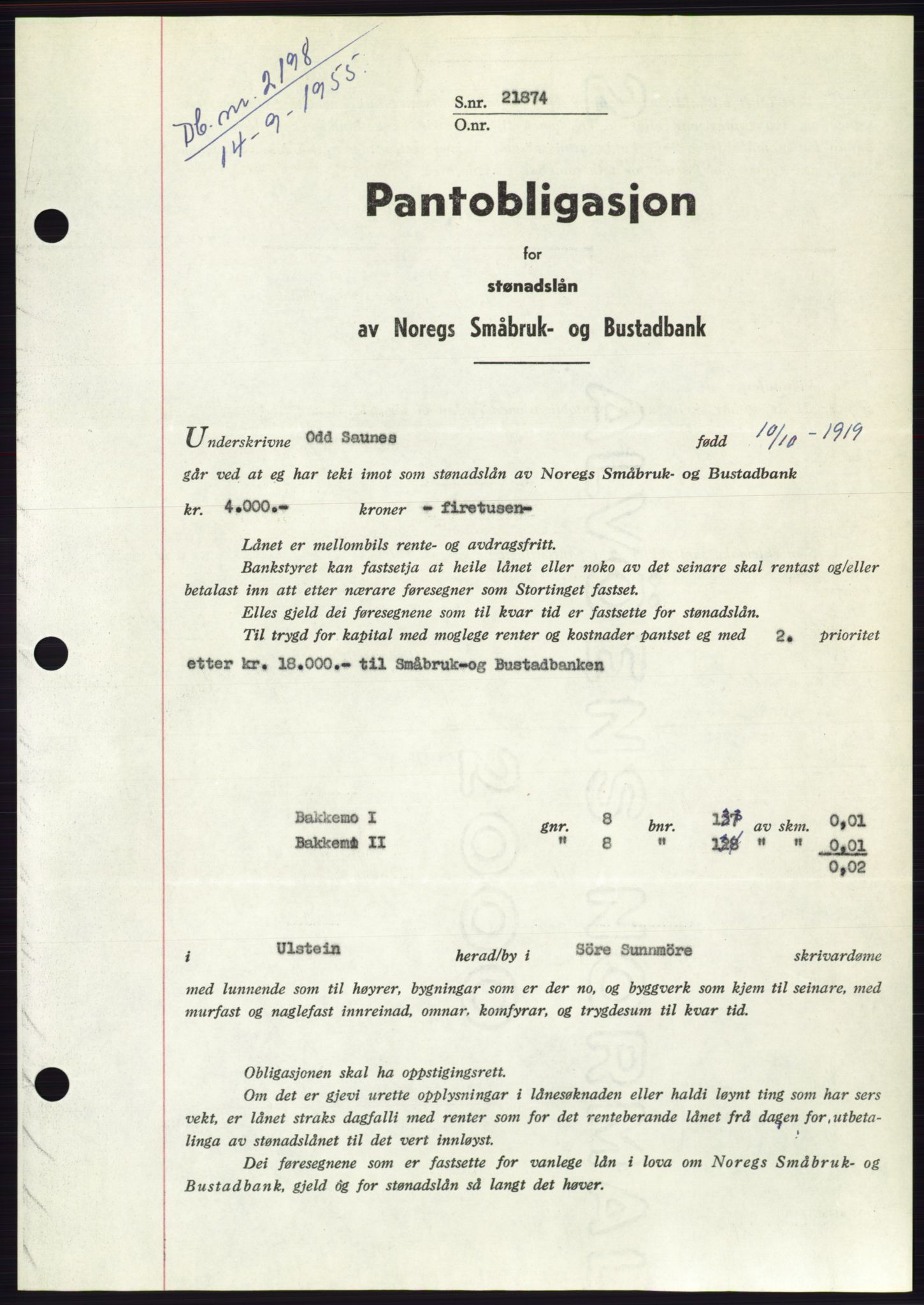 Søre Sunnmøre sorenskriveri, SAT/A-4122/1/2/2C/L0127: Pantebok nr. 15B, 1955-1955, Dagboknr: 2198/1955