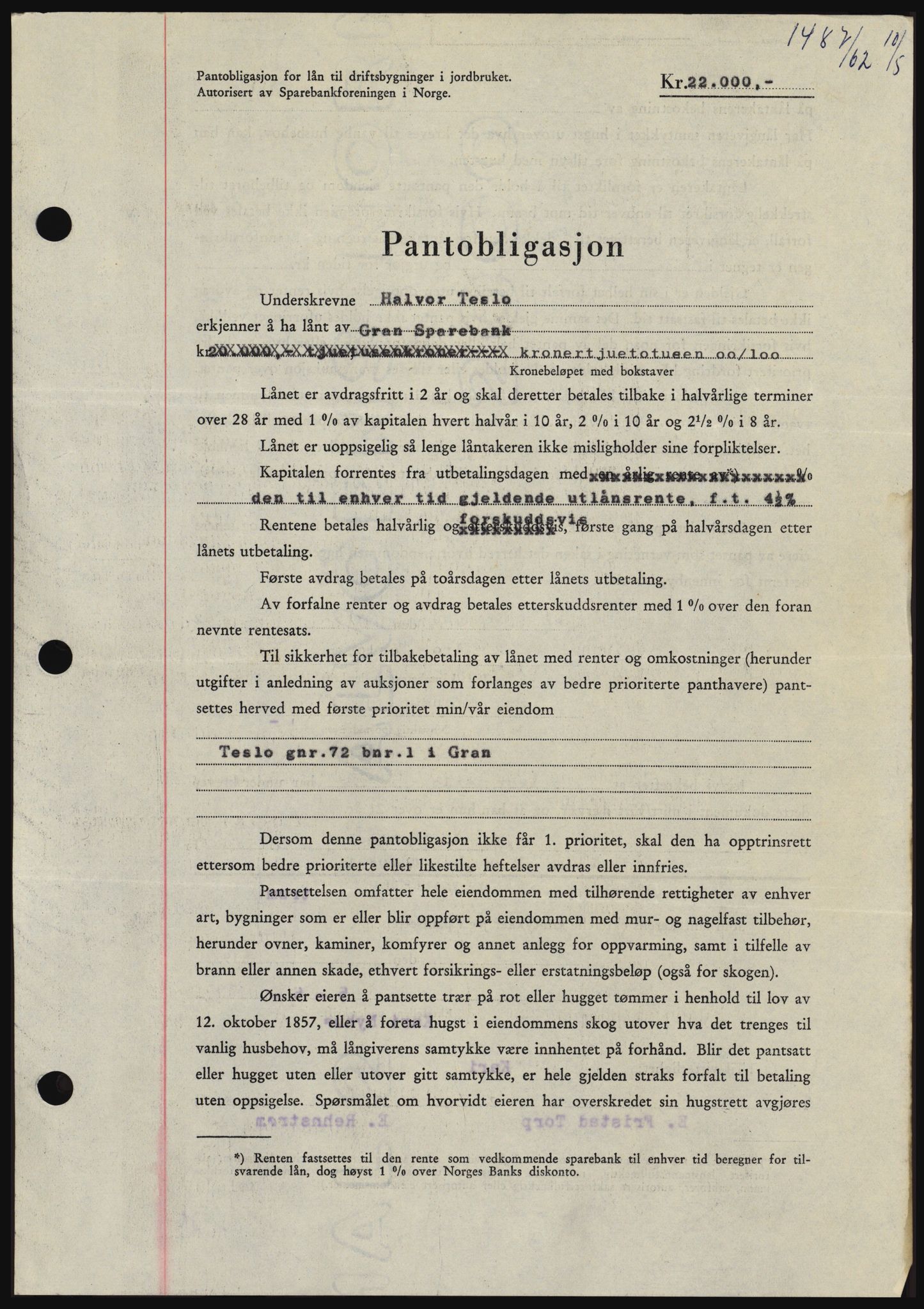 Hadeland og Land tingrett, SAH/TING-010/H/Hb/Hbc/L0048: Pantebok nr. B48, 1962-1962, Dagboknr: 1487/1962