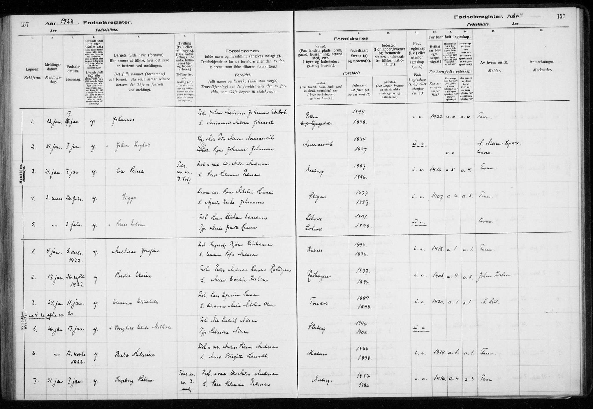 Lyngen sokneprestembete, SATØ/S-1289/I/Ia/L0075: Fødselsregister nr. 75, 1916-1924, s. 157