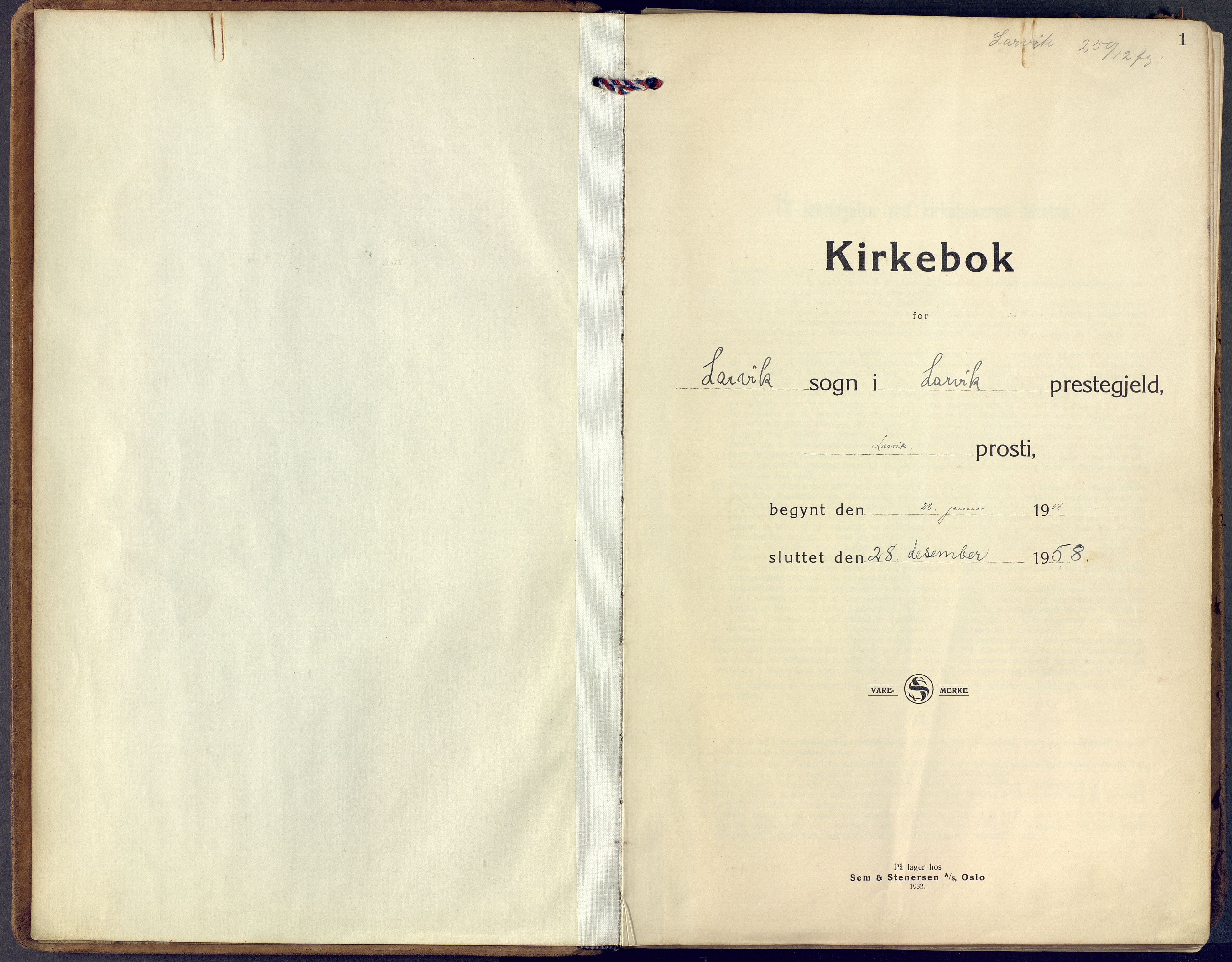 Larvik kirkebøker, SAKO/A-352/F/Fa/L0014: Ministerialbok nr. I 14, 1934-1958, s. 1