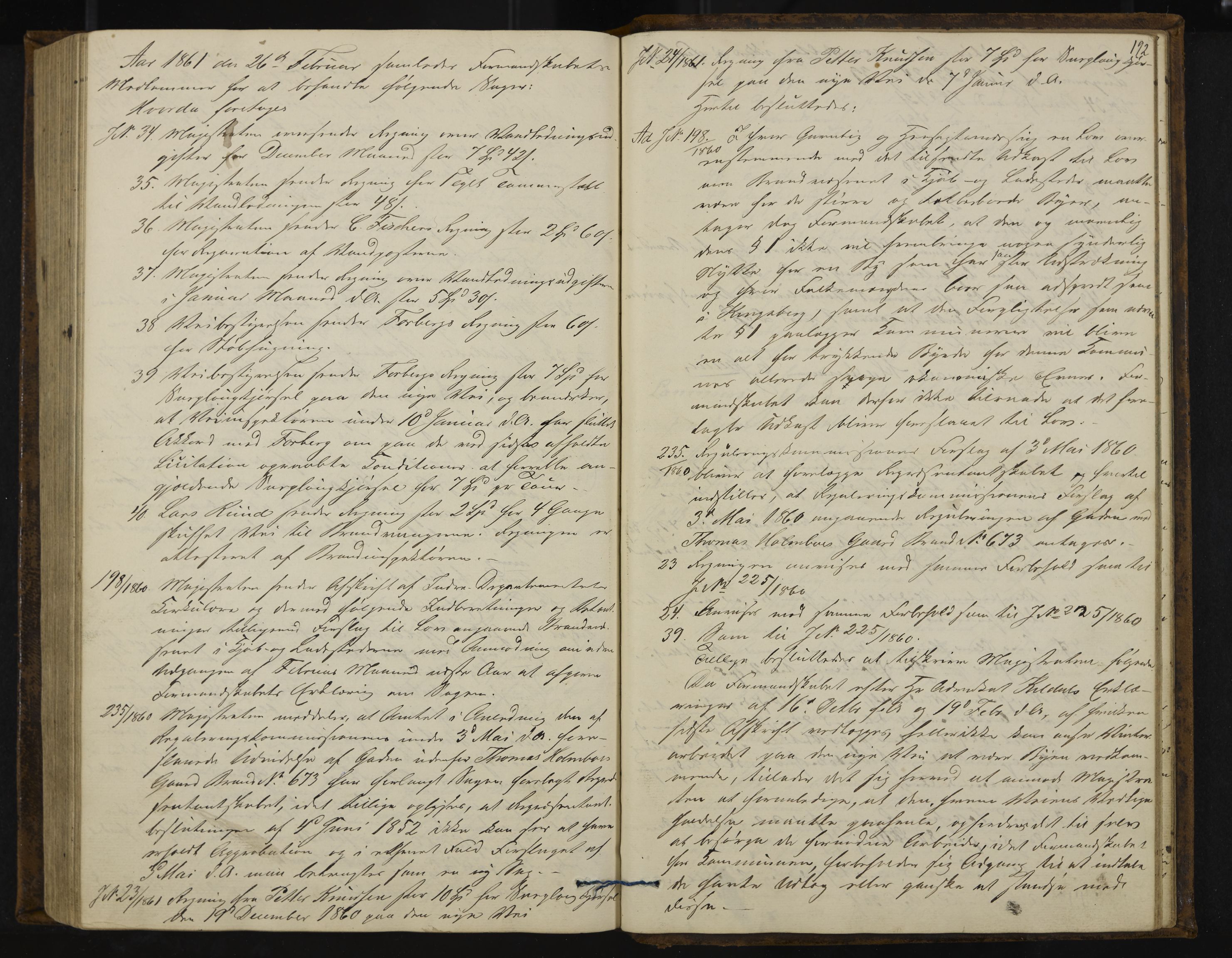 Kongsberg formannskap og sentraladministrasjon, IKAK/0604021-1/A/L0003: Møtebok med register, 1856-1861, s. 192