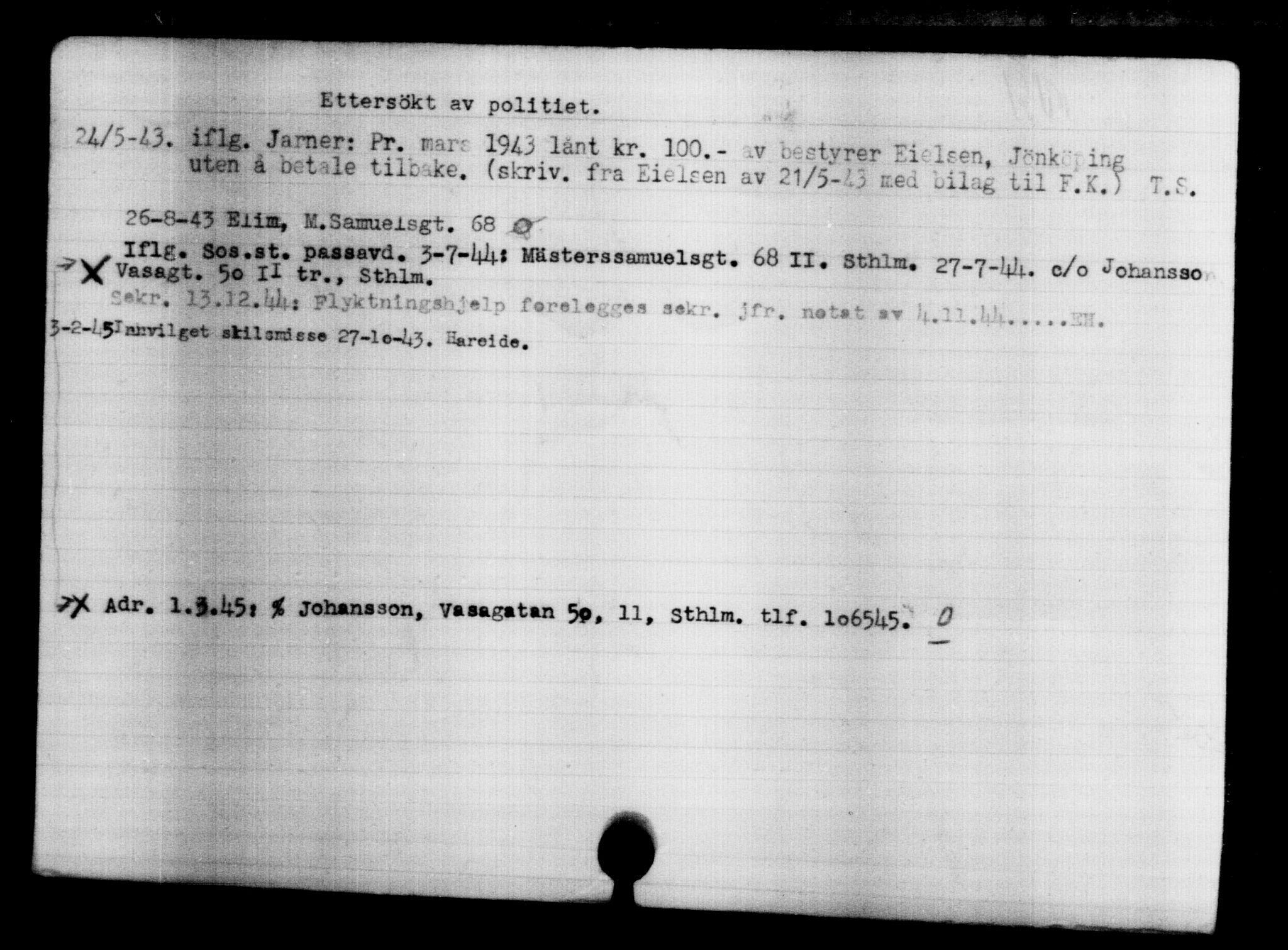 Utenriksstasjonene, Legasjonen i Stockholm, Flyktningkontoret, AV/RA-S-6753/V/Va/L0004: Kjesäterkartoteket, flyktninger med registreringsnr. 3496-6610, 1940-1945, s. 1768