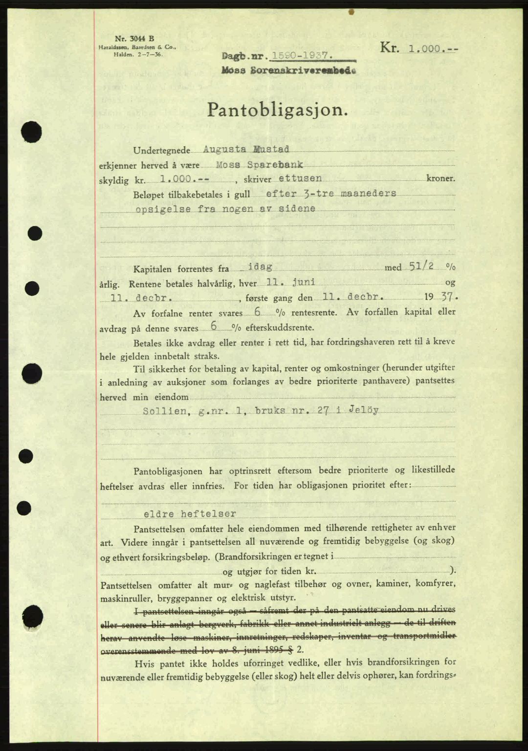 Moss sorenskriveri, SAO/A-10168: Pantebok nr. B4, 1937-1938, Dagboknr: 1590/1937