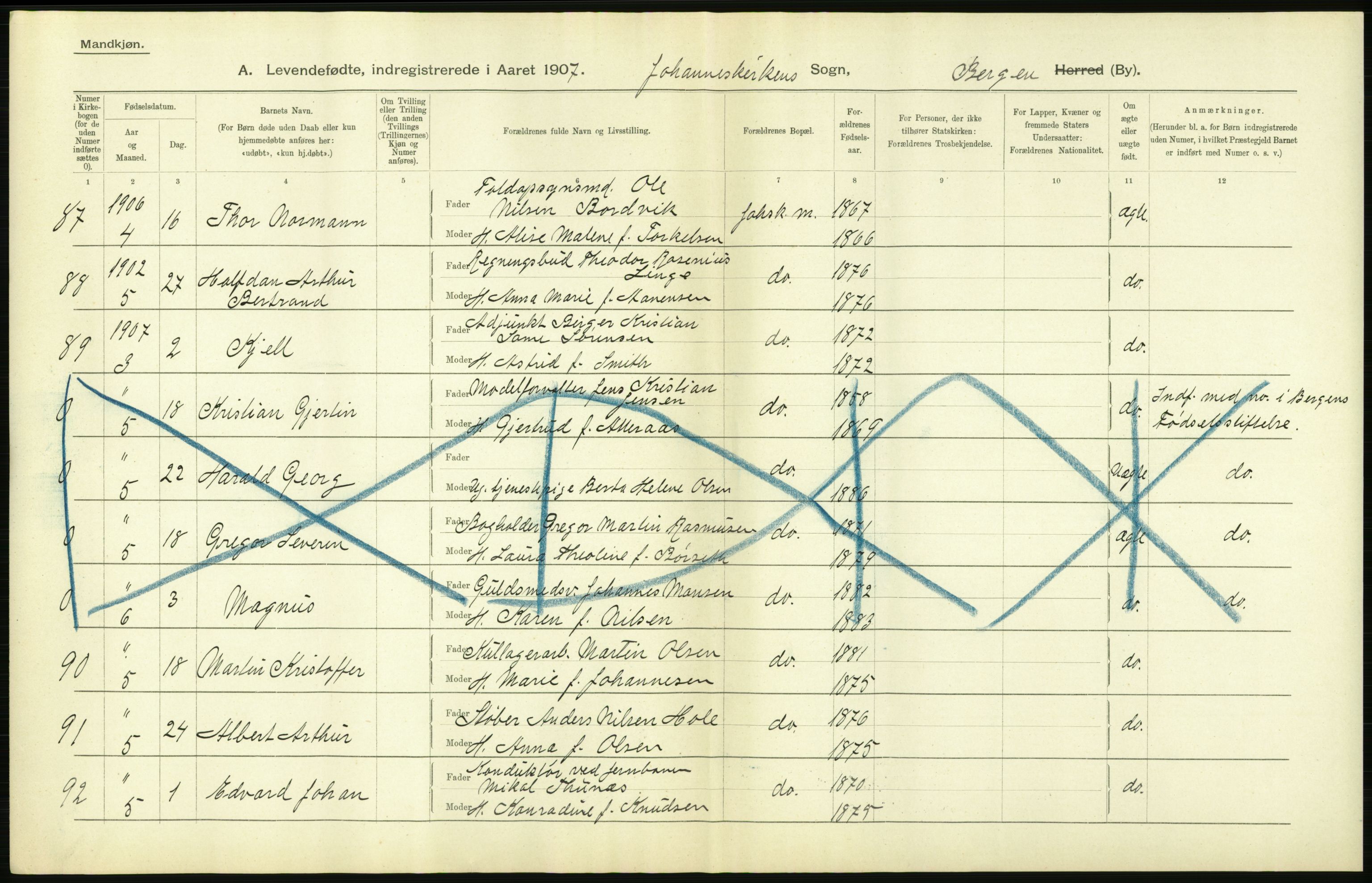 Statistisk sentralbyrå, Sosiodemografiske emner, Befolkning, AV/RA-S-2228/D/Df/Dfa/Dfae/L0030: Bergen: Levendefødte menn og kvinner., 1907, s. 62