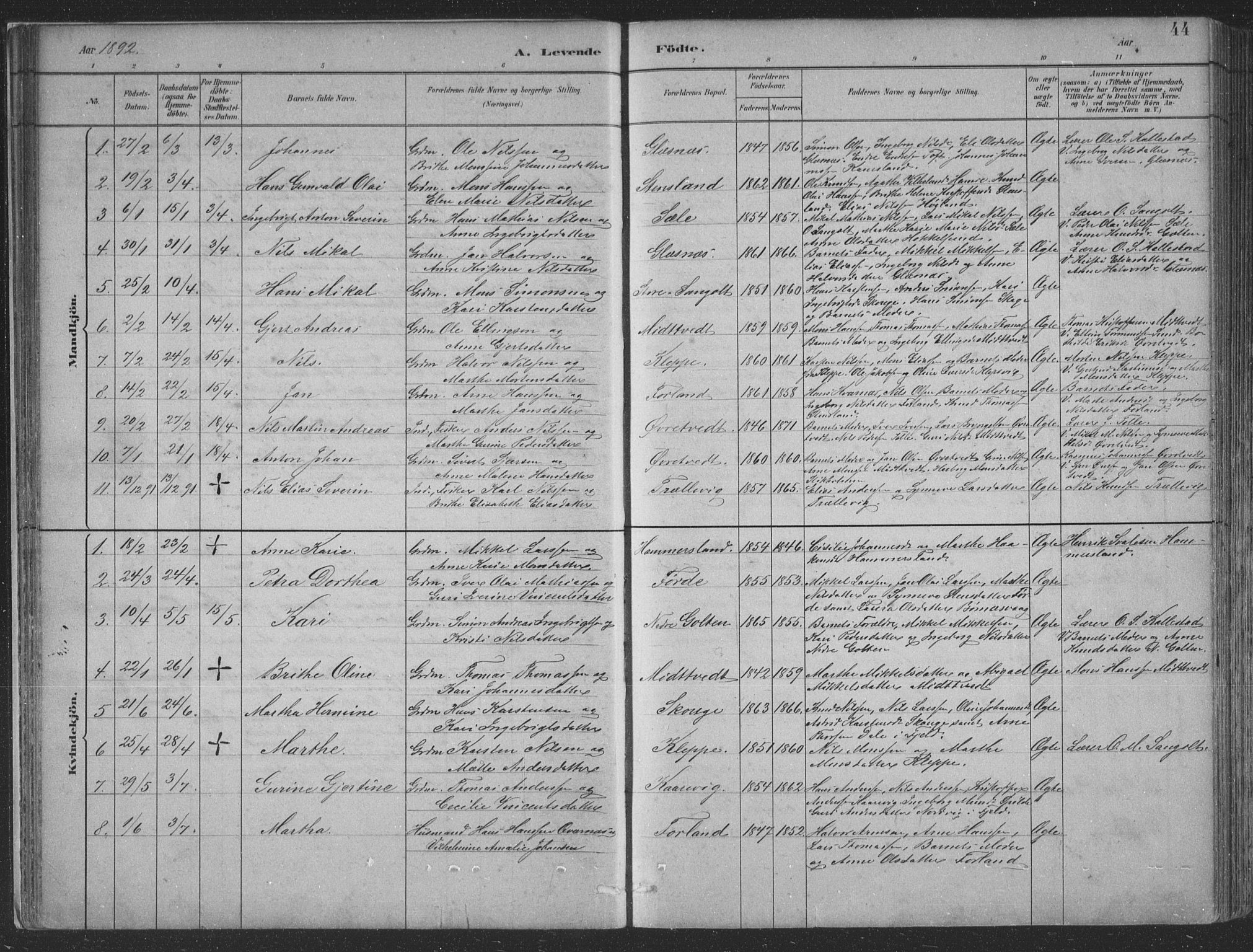 Sund sokneprestembete, AV/SAB-A-99930: Klokkerbok nr. B 3, 1882-1911, s. 44