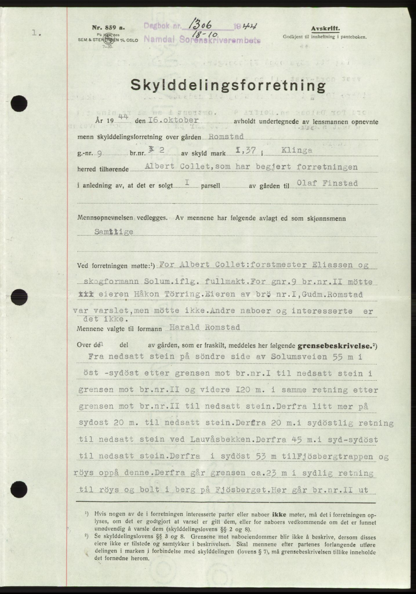 Namdal sorenskriveri, SAT/A-4133/1/2/2C: Pantebok nr. -, 1944-1945, Dagboknr: 1306/1944