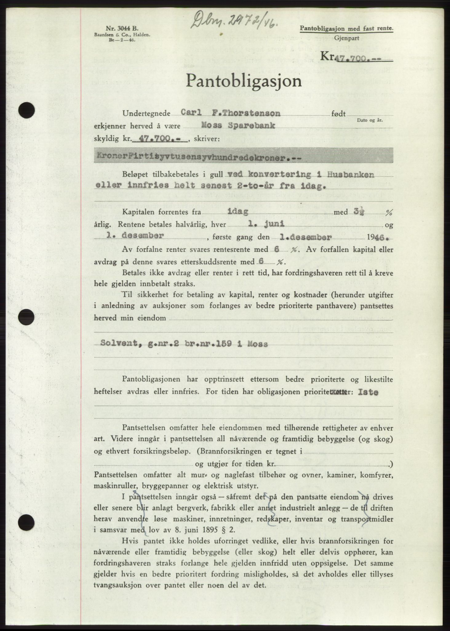 Moss sorenskriveri, SAO/A-10168: Pantebok nr. B16, 1946-1947, Dagboknr: 2972/1946