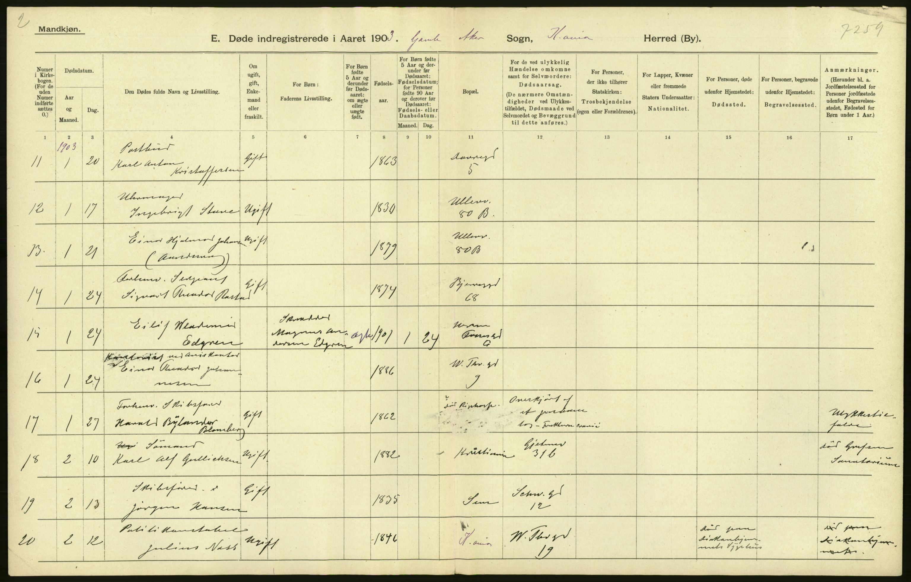 Statistisk sentralbyrå, Sosiodemografiske emner, Befolkning, AV/RA-S-2228/D/Df/Dfa/Dfaa/L0004: Kristiania: Gifte, døde, 1903, s. 64