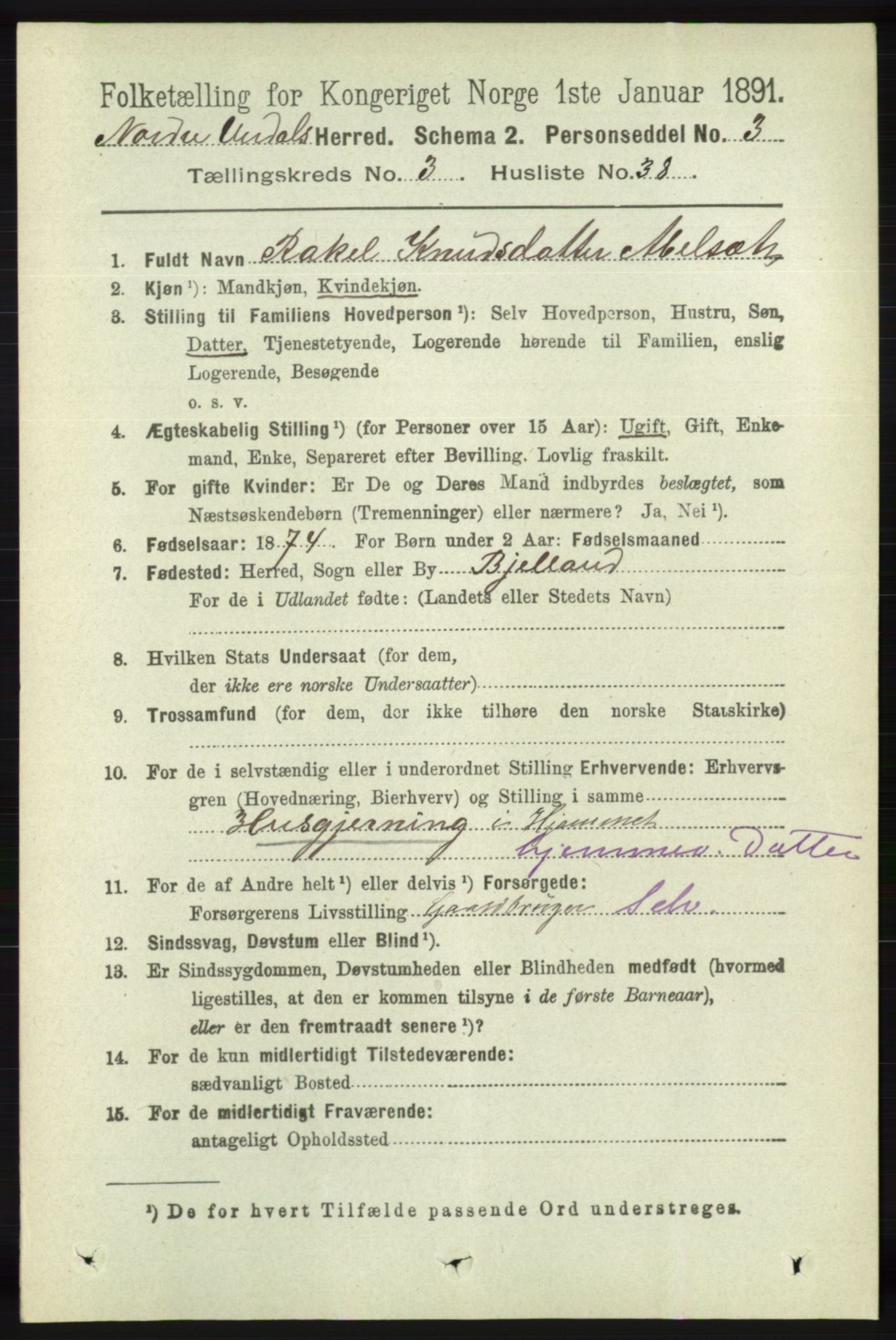 RA, Folketelling 1891 for 1028 Nord-Audnedal herred, 1891, s. 938