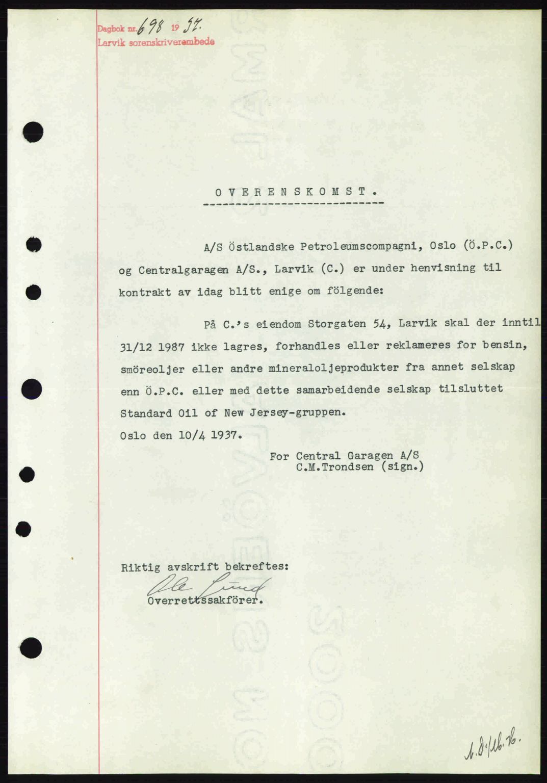 Larvik sorenskriveri, SAKO/A-83/G/Ga/Gab/L0067: Pantebok nr. A-1, 1936-1937, Dagboknr: 698/1937