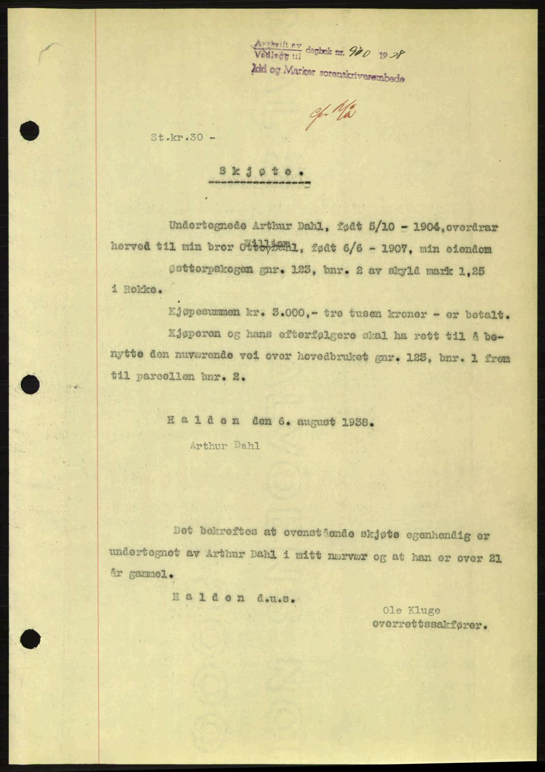 Idd og Marker sorenskriveri, AV/SAO-A-10283/G/Gb/Gbb/L0002: Pantebok nr. A2, 1937-1938, Dagboknr: 910/1938
