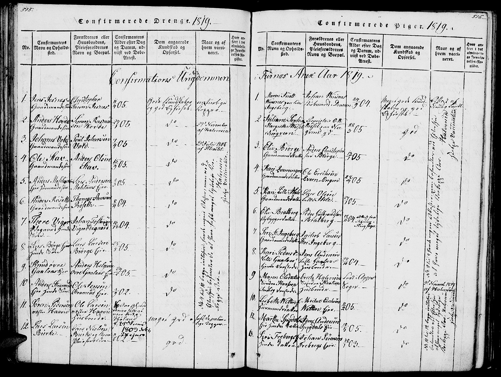 Vang prestekontor, Hedmark, SAH/PREST-008/H/Ha/Haa/L0007: Ministerialbok nr. 7, 1813-1826, s. 515-516