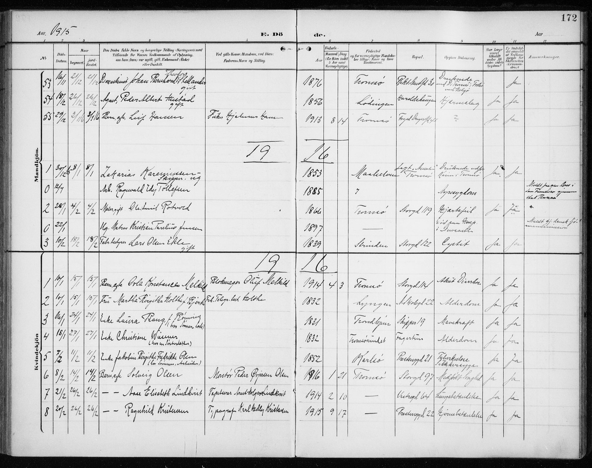 Tromsø sokneprestkontor/stiftsprosti/domprosti, AV/SATØ-S-1343/G/Ga/L0018kirke: Ministerialbok nr. 18, 1907-1917, s. 172