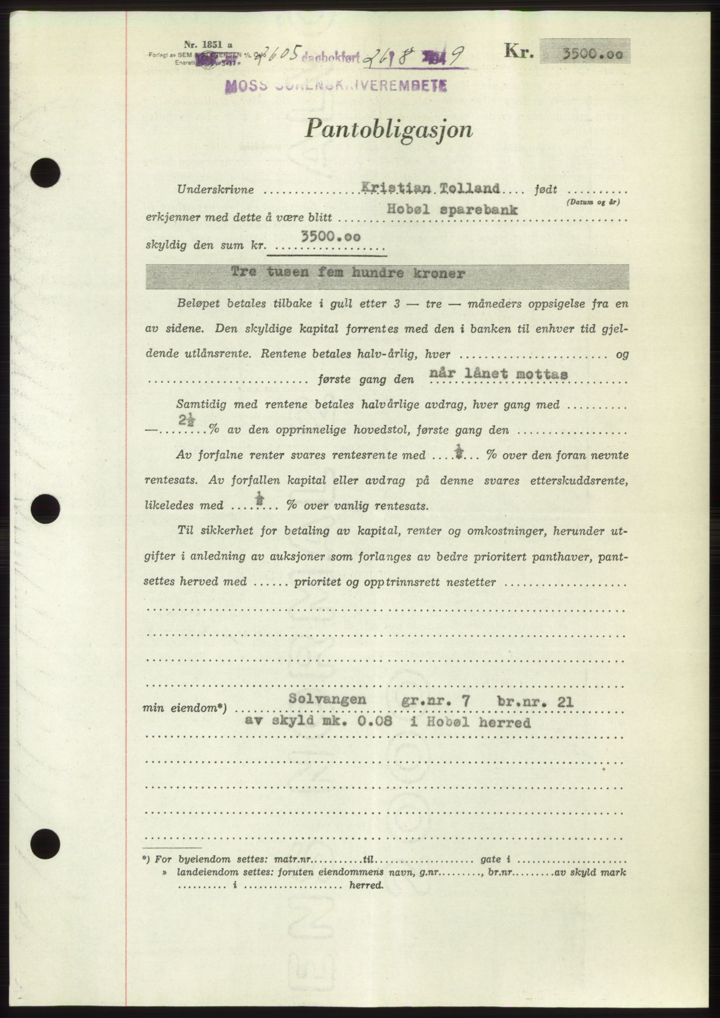 Moss sorenskriveri, SAO/A-10168: Pantebok nr. B22, 1949-1949, Dagboknr: 2605/1949