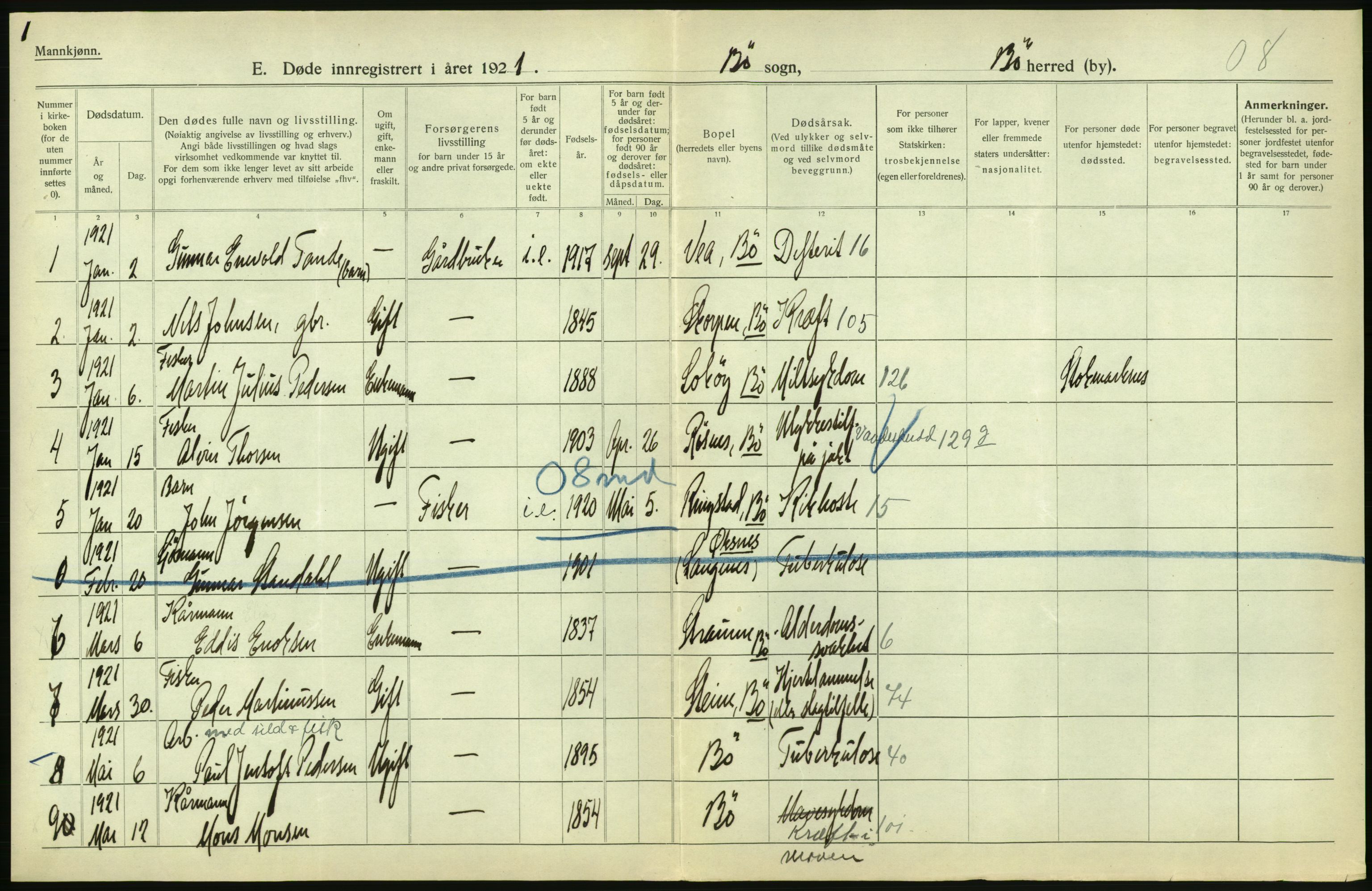 Statistisk sentralbyrå, Sosiodemografiske emner, Befolkning, AV/RA-S-2228/D/Df/Dfc/Dfca/L0051: Nordland fylke: Døde. Bygder og byer., 1921