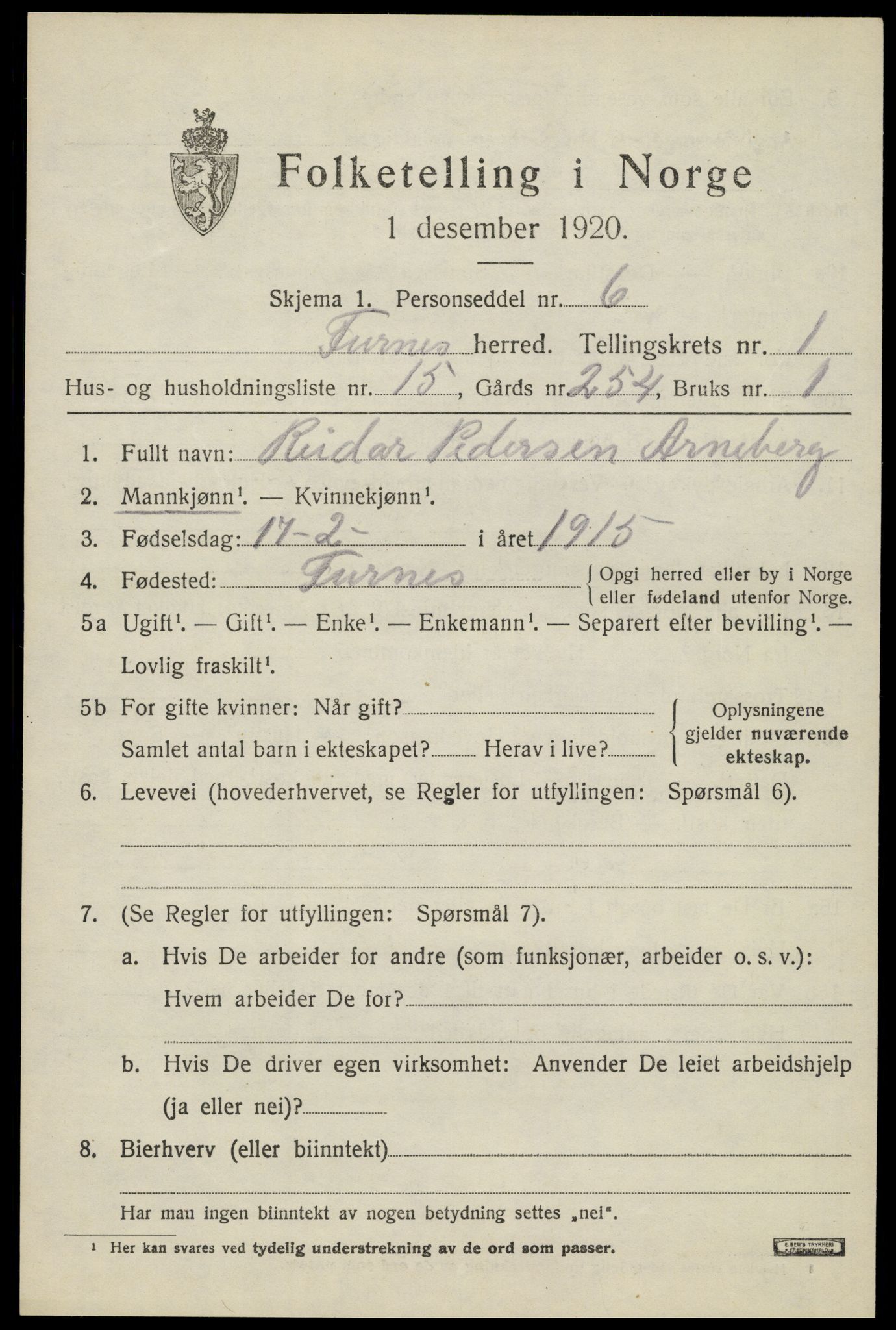 SAH, Folketelling 1920 for 0413 Furnes herred, 1920, s. 1819