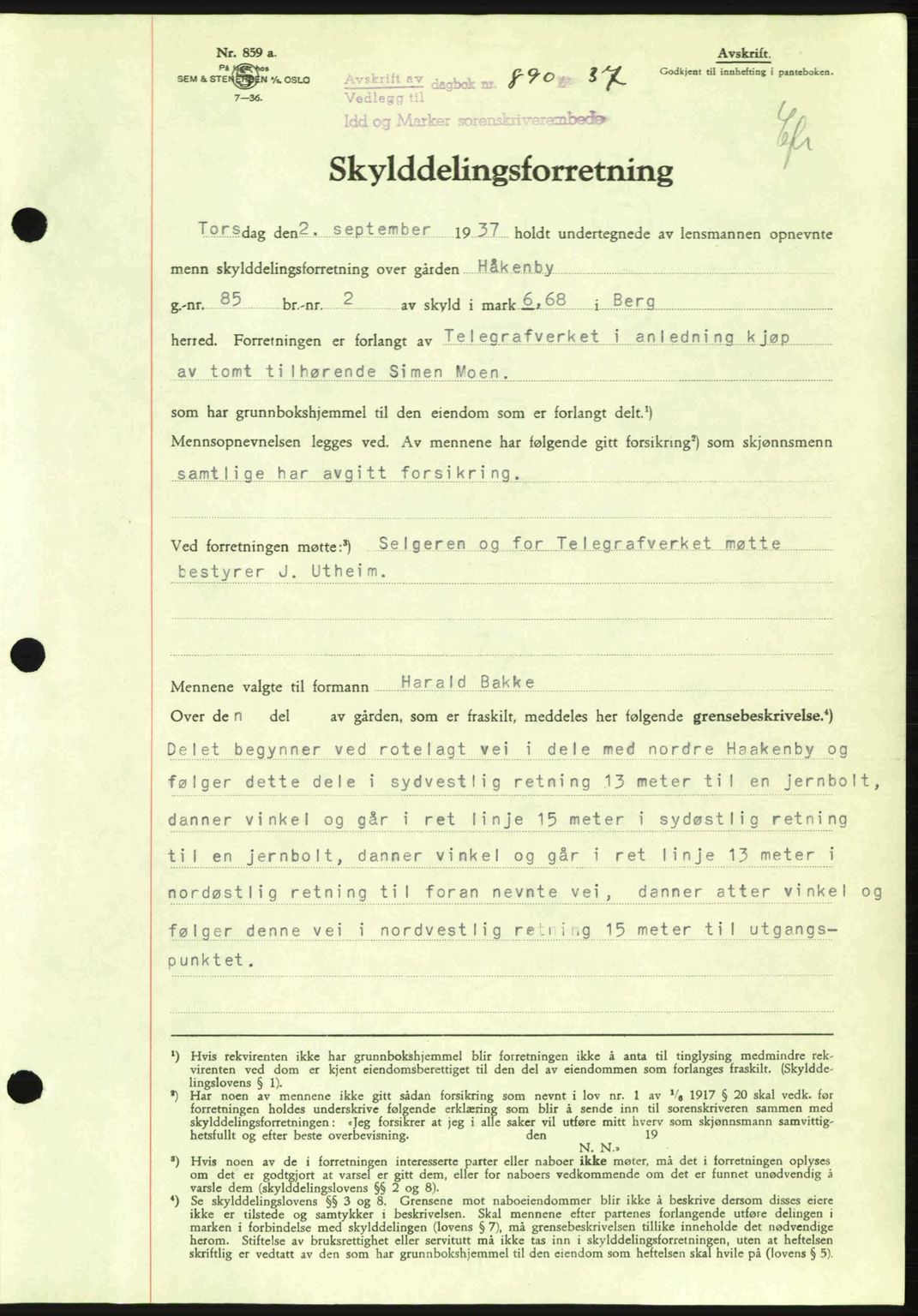 Idd og Marker sorenskriveri, AV/SAO-A-10283/G/Gb/Gbb/L0002: Pantebok nr. A2, 1937-1938, Dagboknr: 890/1937