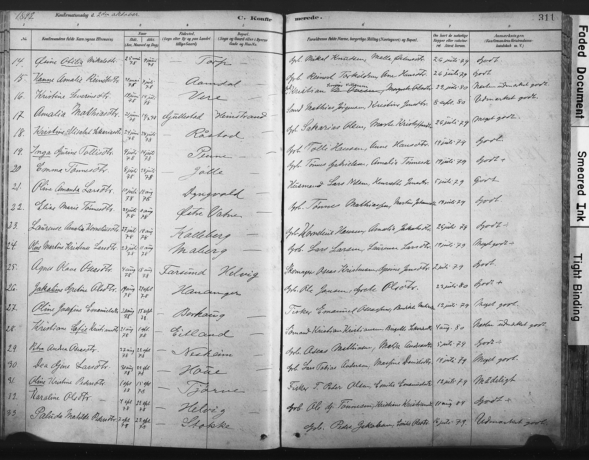 Lista sokneprestkontor, SAK/1111-0027/F/Fa/L0012: Ministerialbok nr. A 12, 1879-1903, s. 311