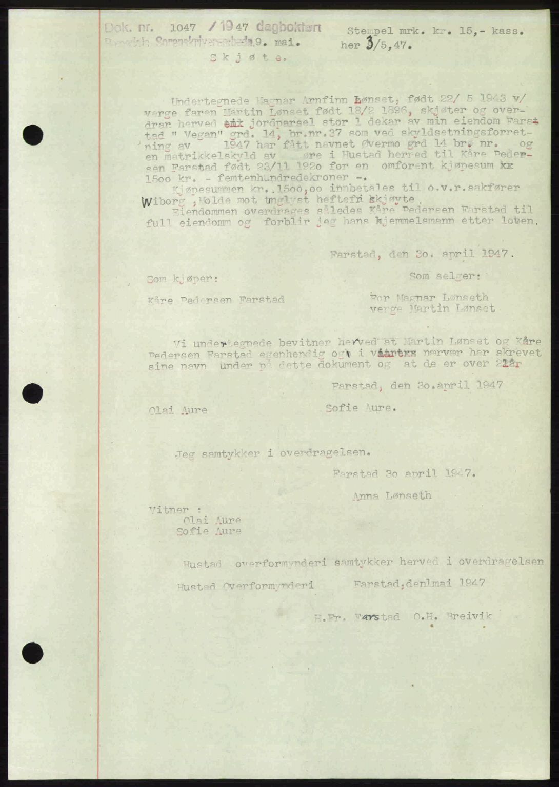 Romsdal sorenskriveri, AV/SAT-A-4149/1/2/2C: Pantebok nr. A23, 1947-1947, Dagboknr: 1047/1947