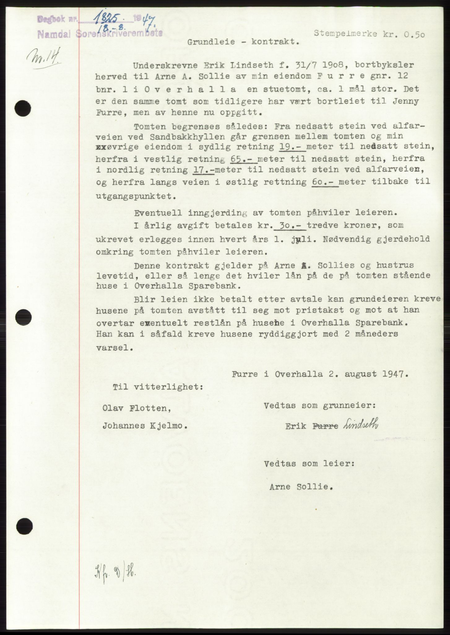 Namdal sorenskriveri, SAT/A-4133/1/2/2C: Pantebok nr. -, 1947-1947, Dagboknr: 1825/1947