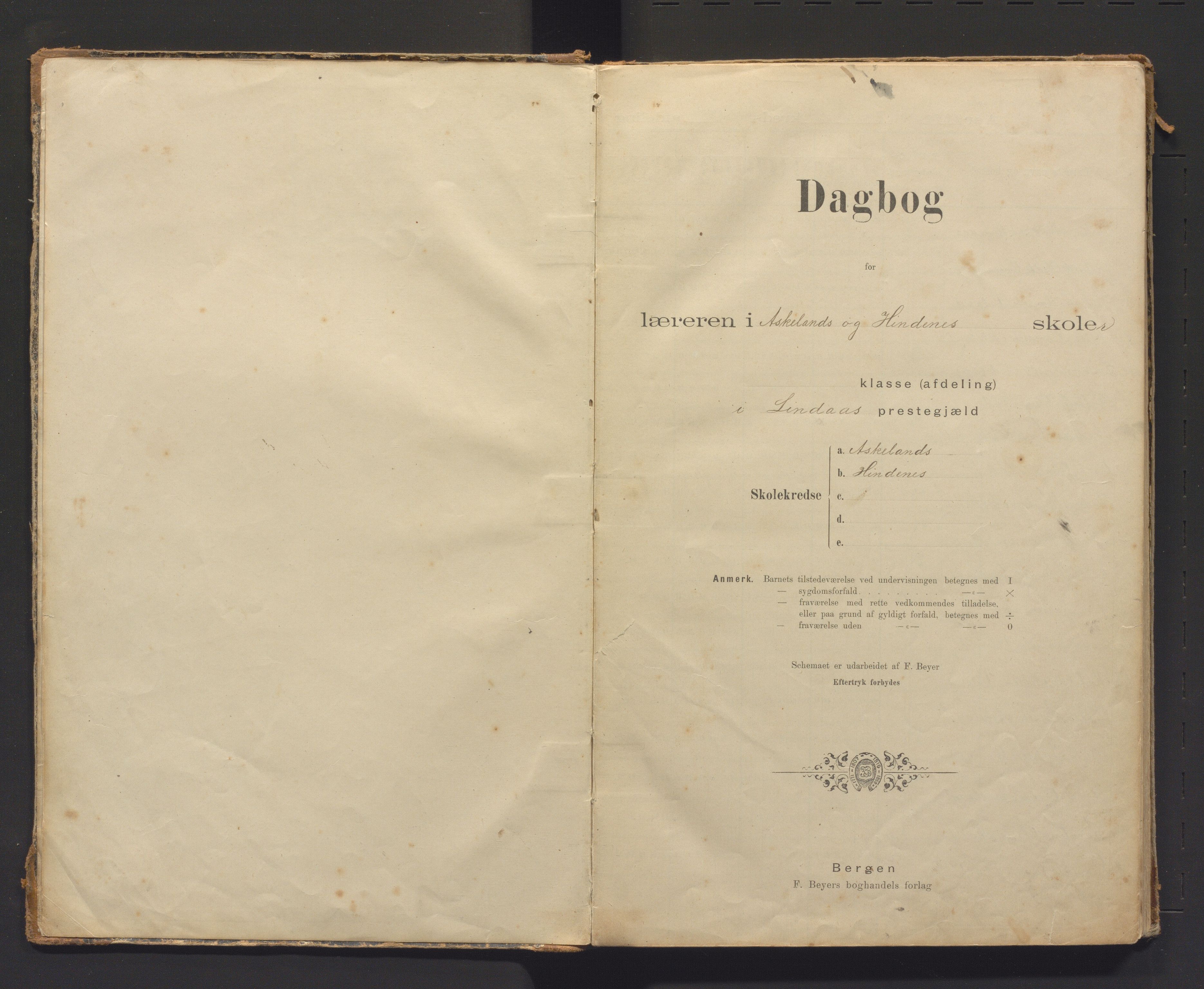 Lindås kommune. Barneskulane, IKAH/1263-231/G/Ga/L0009: Dagbok for læraren i Askeland og Hindenes skular, 1899-1909