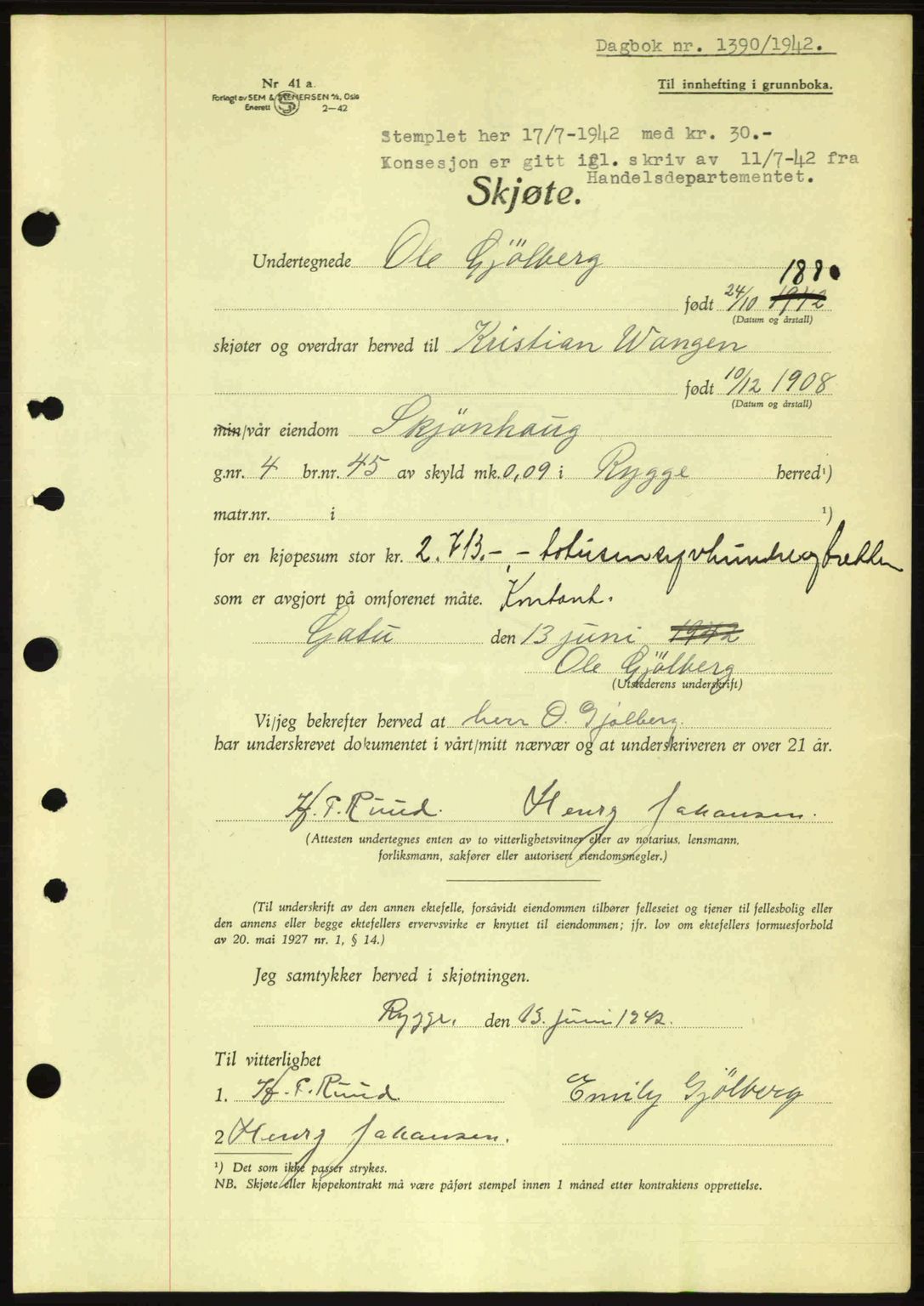 Moss sorenskriveri, SAO/A-10168: Pantebok nr. A10, 1942-1943, Dagboknr: 1390/1942