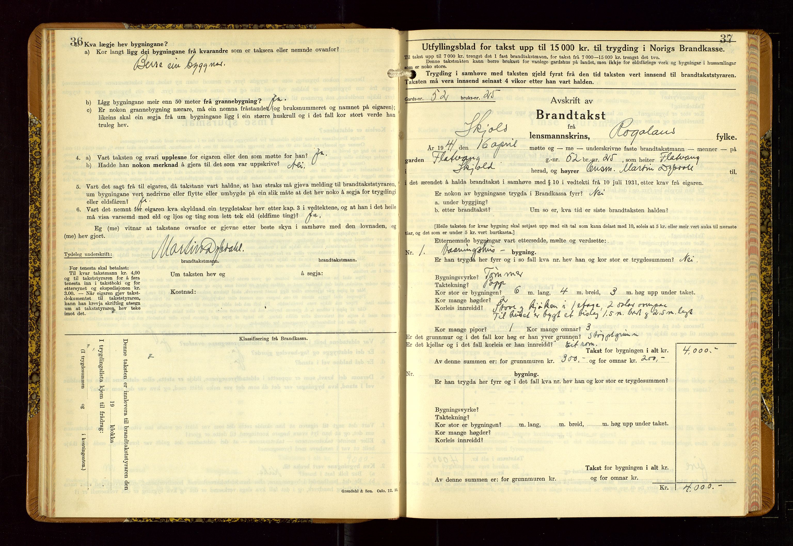 Skjold lensmannskontor, AV/SAST-A-100182/Gob/L0002: "Branntakstbok for Skjold lensmannskrins Rogaland fylke", 1939-1952, s. 36-37
