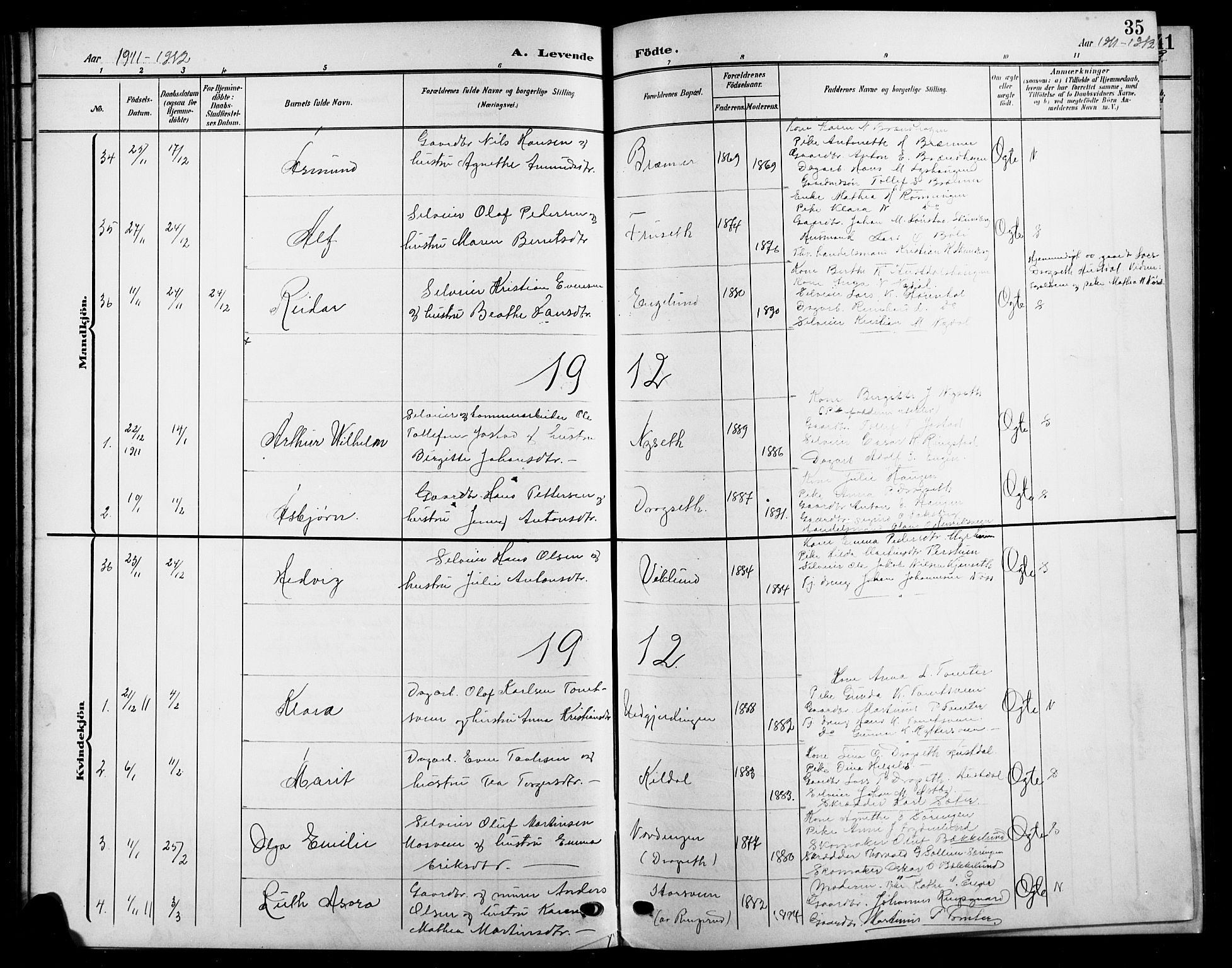 Biri prestekontor, AV/SAH-PREST-096/H/Ha/Hab/L0005: Klokkerbok nr. 5, 1906-1919, s. 35