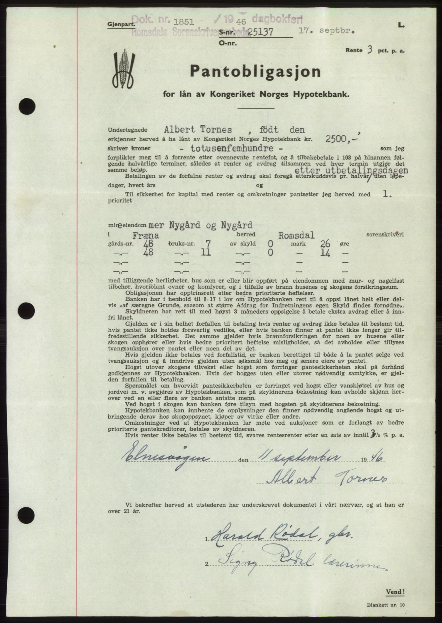 Romsdal sorenskriveri, AV/SAT-A-4149/1/2/2C: Pantebok nr. B3, 1946-1948, Dagboknr: 1851/1946