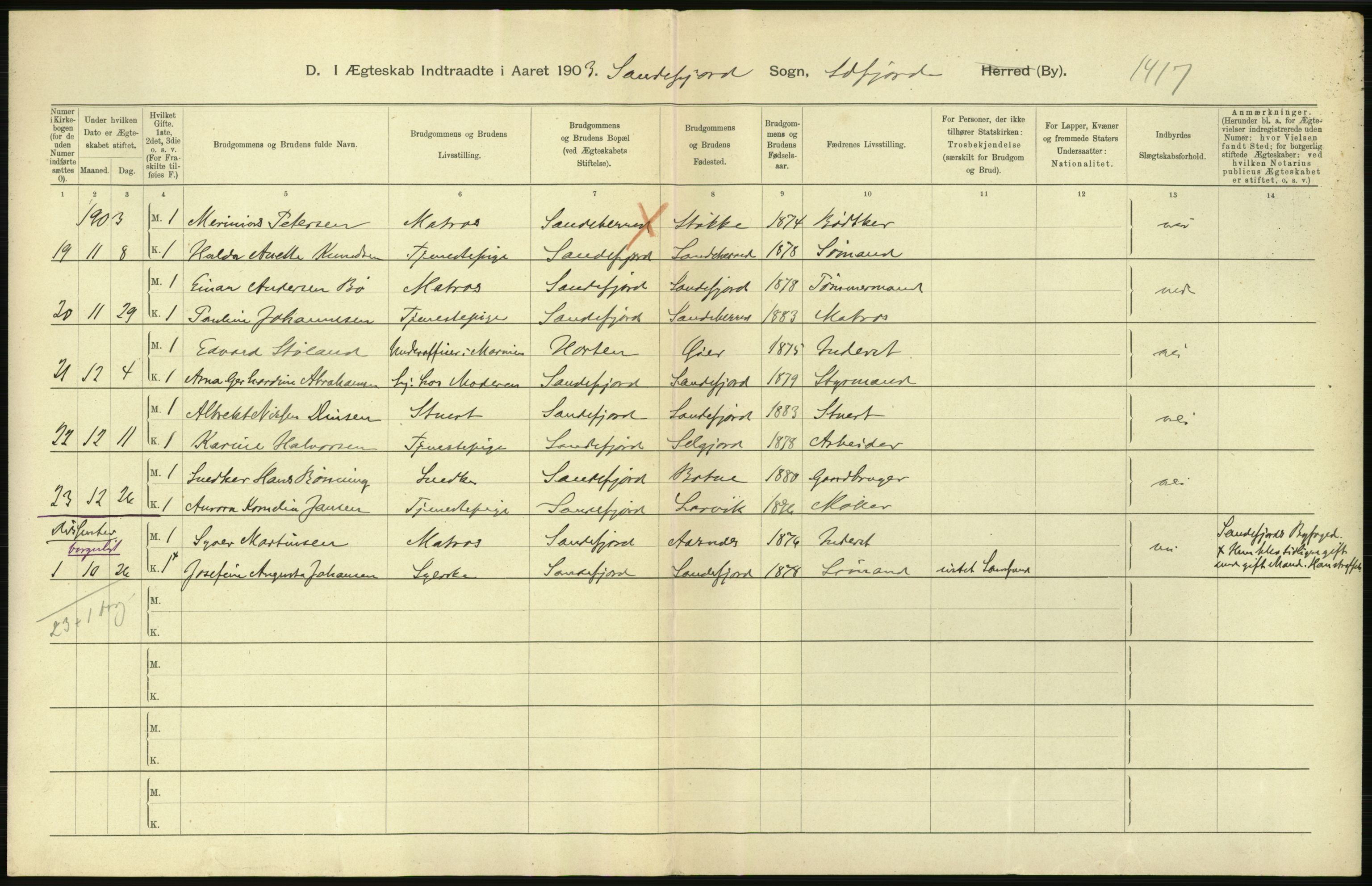 Statistisk sentralbyrå, Sosiodemografiske emner, Befolkning, RA/S-2228/D/Df/Dfa/Dfaa/L0008: Jarlsberg og Larvik amt: Fødte, gifte, døde, 1903, s. 476