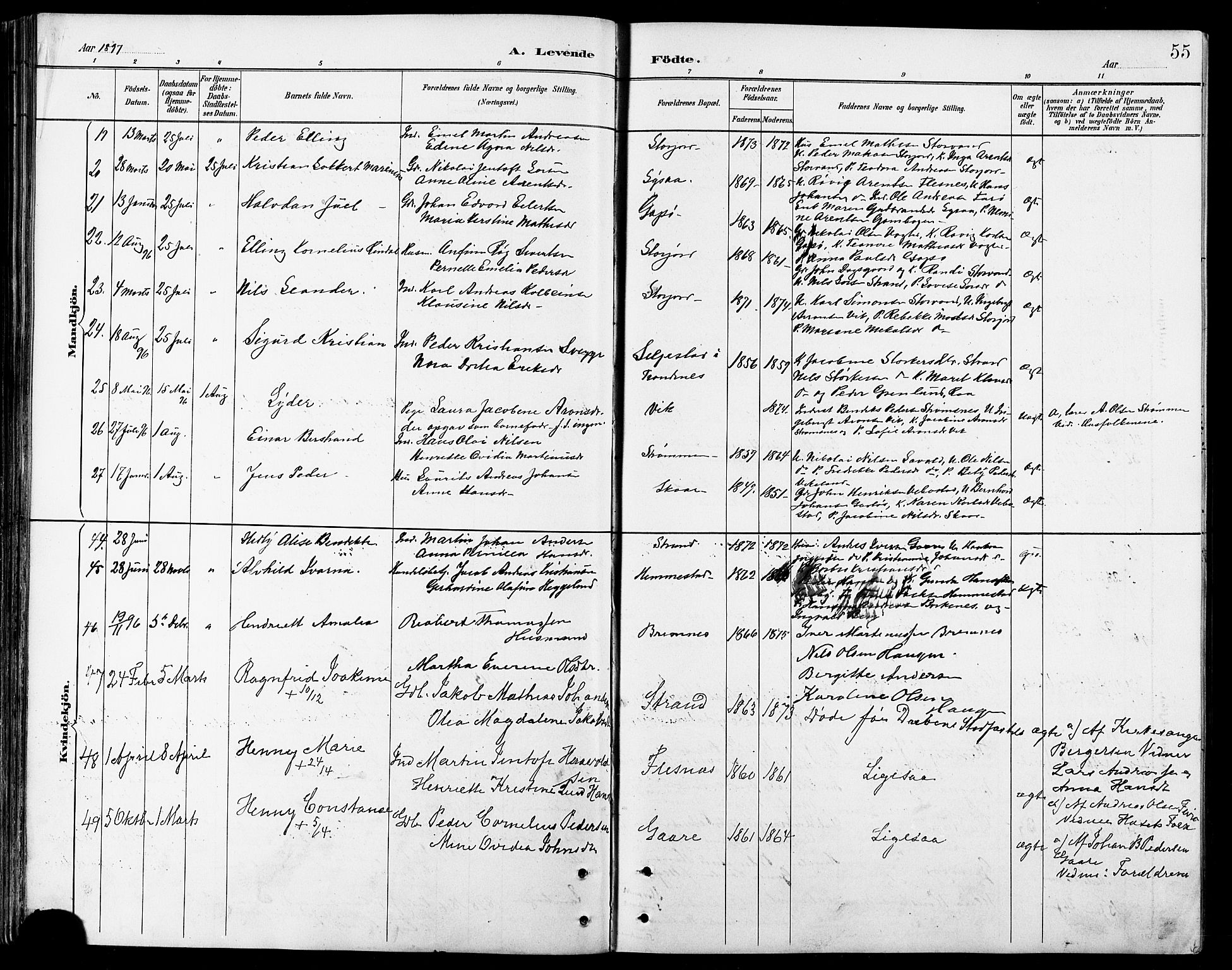Kvæfjord sokneprestkontor, AV/SATØ-S-1323/G/Ga/Gab/L0005klokker: Klokkerbok nr. 5, 1886-1911, s. 55