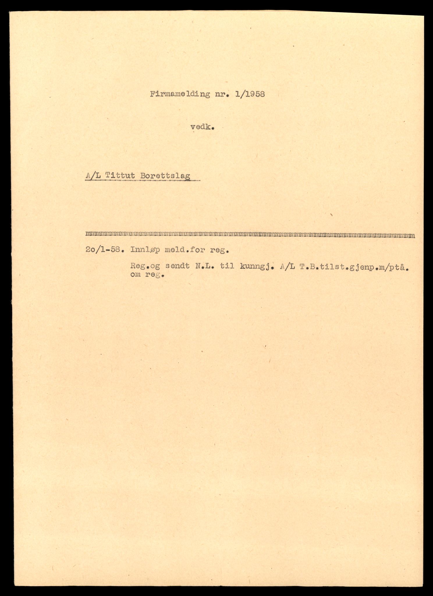 Heggen og Frøland tingrett, SAT/A-10208/K/Kb/Kba/L0003: Enkeltmannsforetak, aksjeselskap og andelslag, 1958-1961, 1958-1961, s. 1