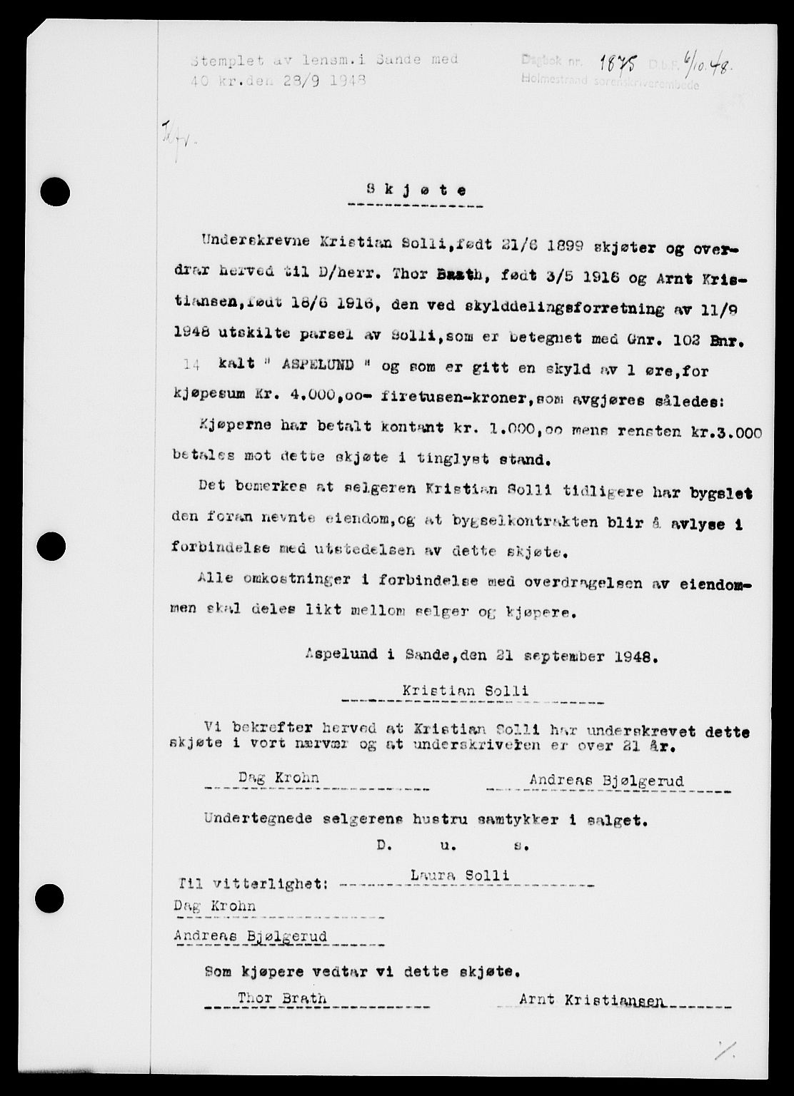 Holmestrand sorenskriveri, SAKO/A-67/G/Ga/Gaa/L0065: Pantebok nr. A-65, 1948-1949, Dagboknr: 1875/1948