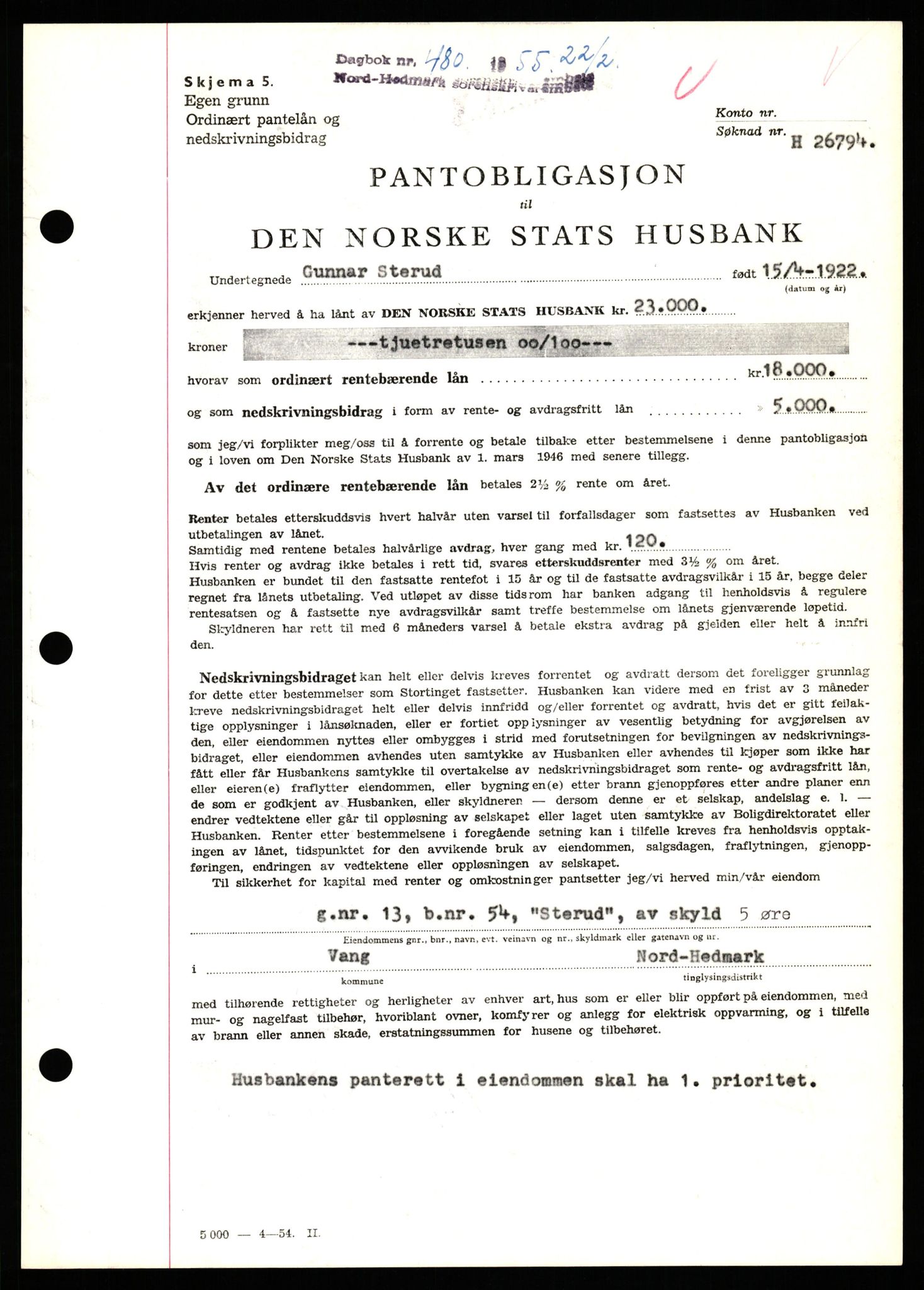 Nord-Hedmark sorenskriveri, SAH/TING-012/H/Hb/Hbf/L0032: Pantebok nr. B32, 1955-1955, Dagboknr: 480/1952