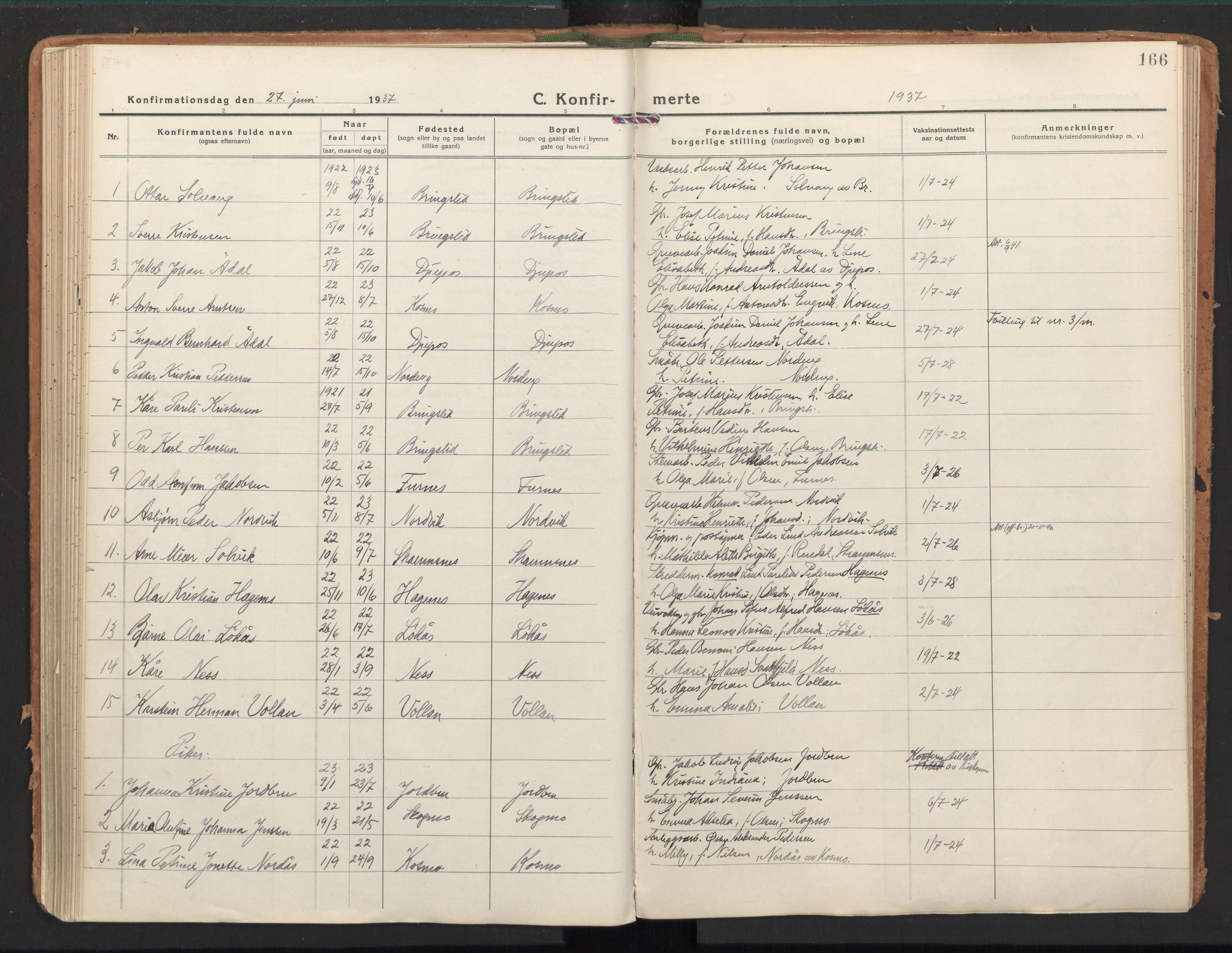 Ministerialprotokoller, klokkerbøker og fødselsregistre - Nordland, AV/SAT-A-1459/851/L0725: Ministerialbok nr. 851A02, 1922-1944, s. 166