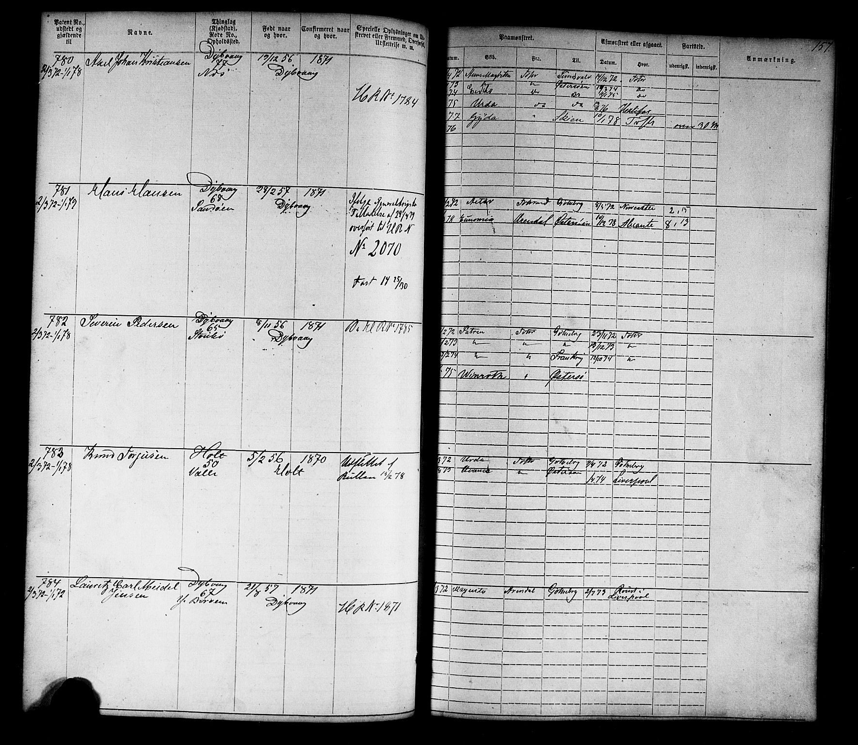 Tvedestrand mønstringskrets, SAK/2031-0011/F/Fa/L0003: Annotasjonsrulle nr 1-1905 med register, U-25, 1866-1886, s. 179