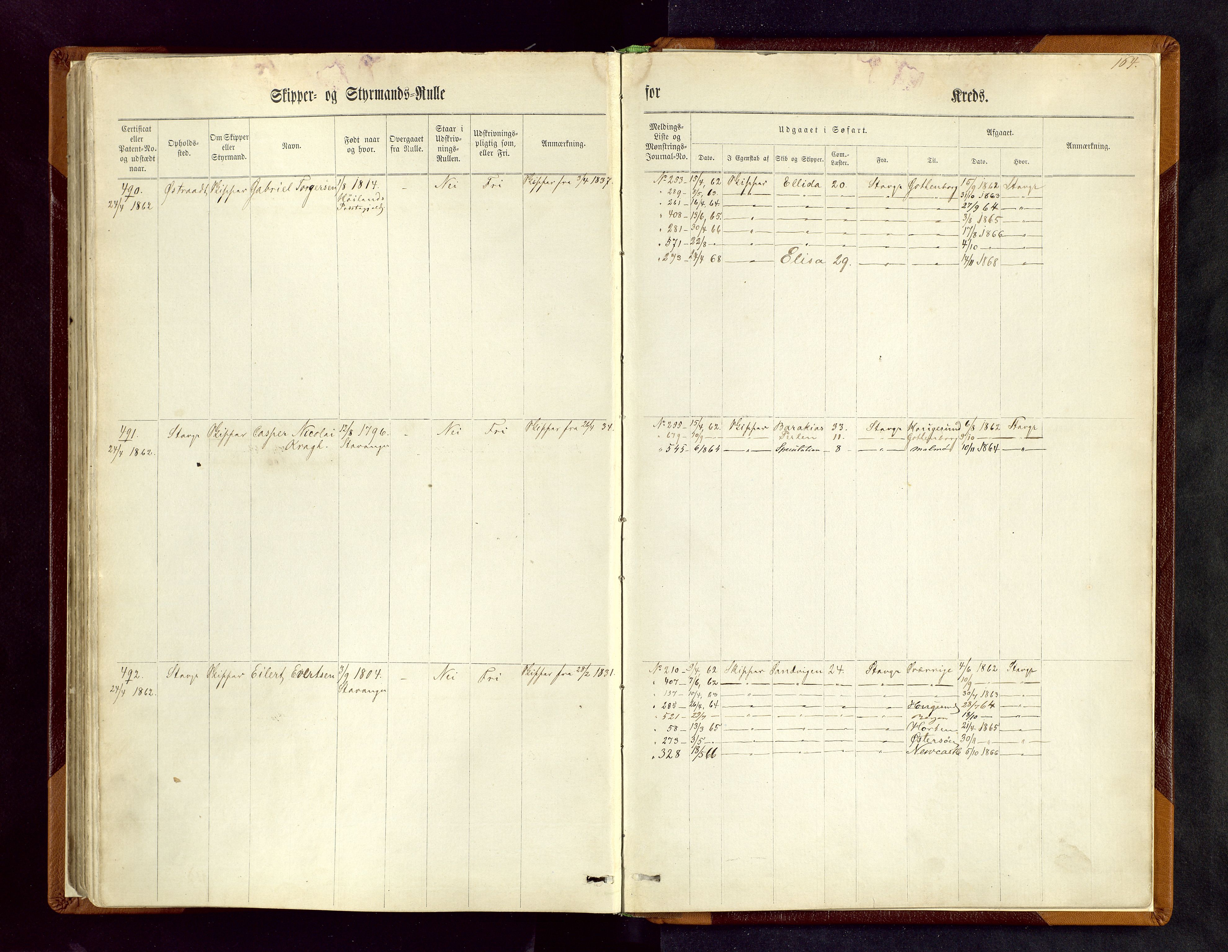 Stavanger sjømannskontor, SAST/A-102006/F/Fc/L0001: Skipper- og styrmannsrulle, patentnr. 1-518, 1860, s. 164