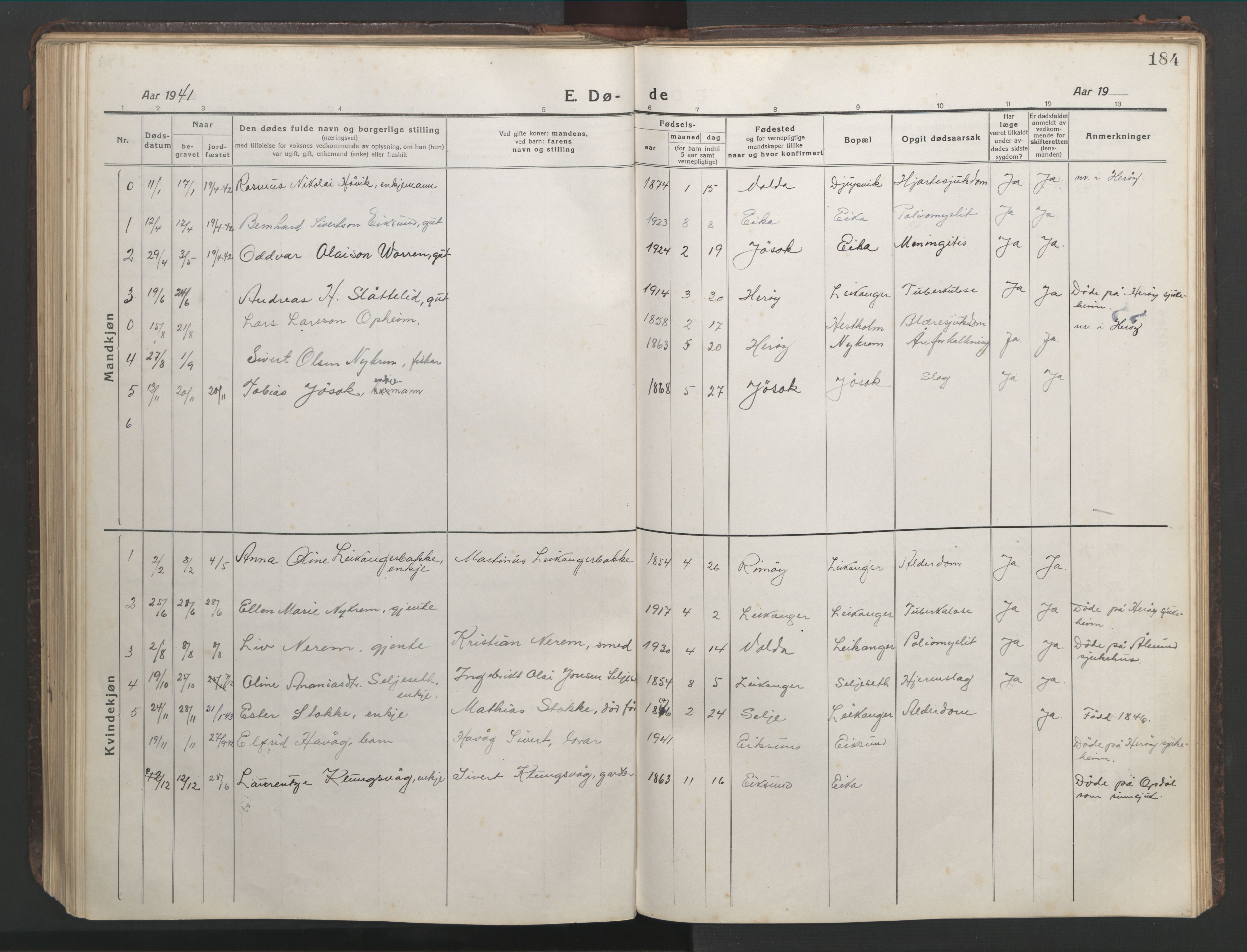 Ministerialprotokoller, klokkerbøker og fødselsregistre - Møre og Romsdal, SAT/A-1454/508/L0099: Klokkerbok nr. 508C03, 1917-1947, s. 184