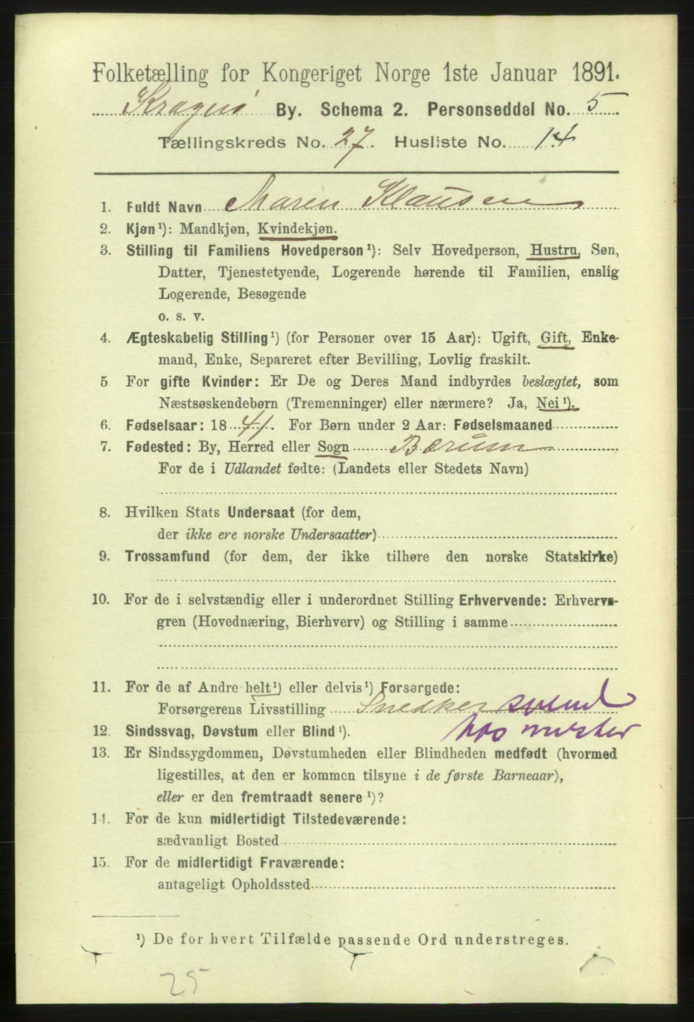 RA, Folketelling 1891 for 0801 Kragerø kjøpstad, 1891, s. 5379