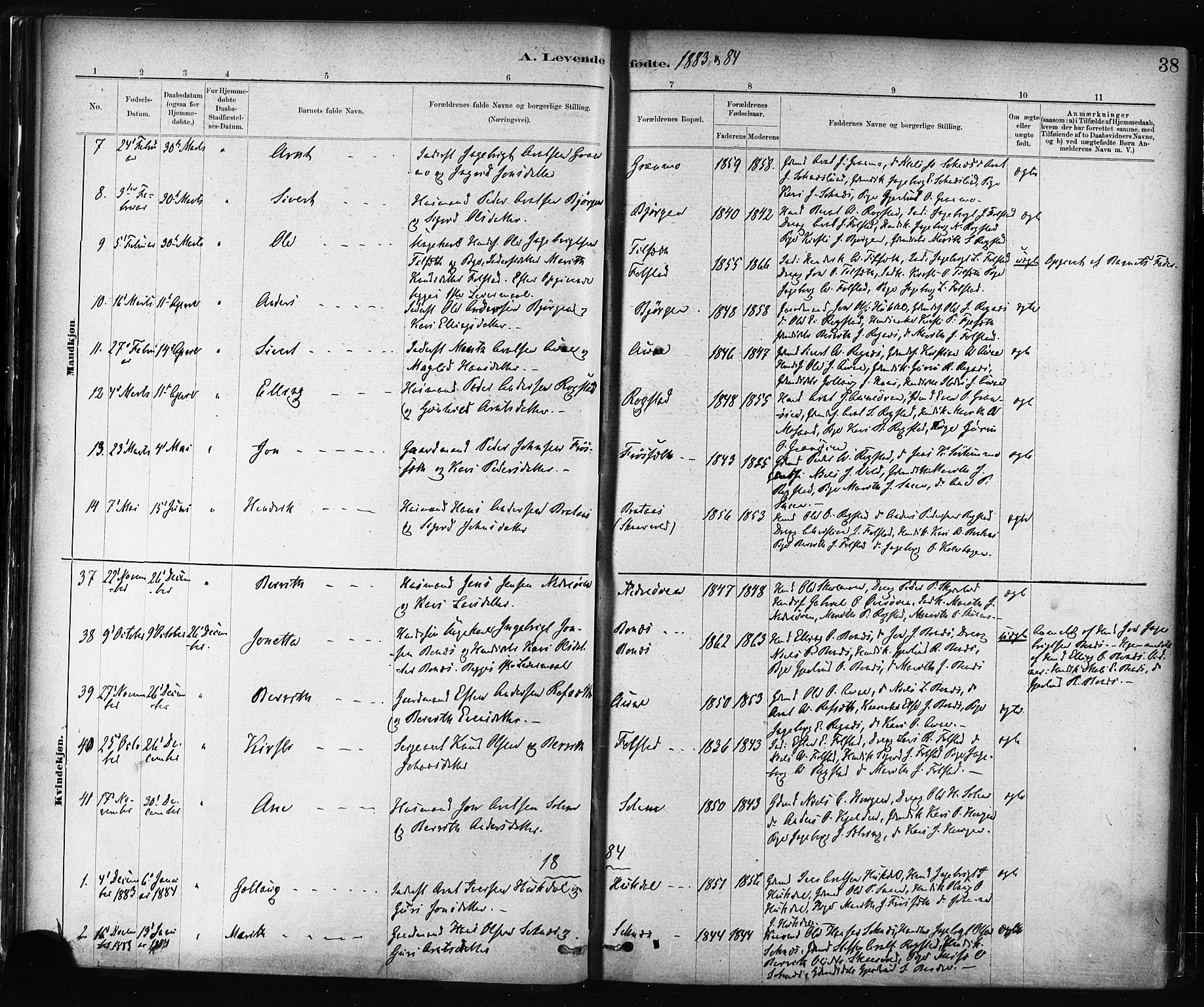 Ministerialprotokoller, klokkerbøker og fødselsregistre - Sør-Trøndelag, AV/SAT-A-1456/687/L1002: Ministerialbok nr. 687A08, 1878-1890, s. 38