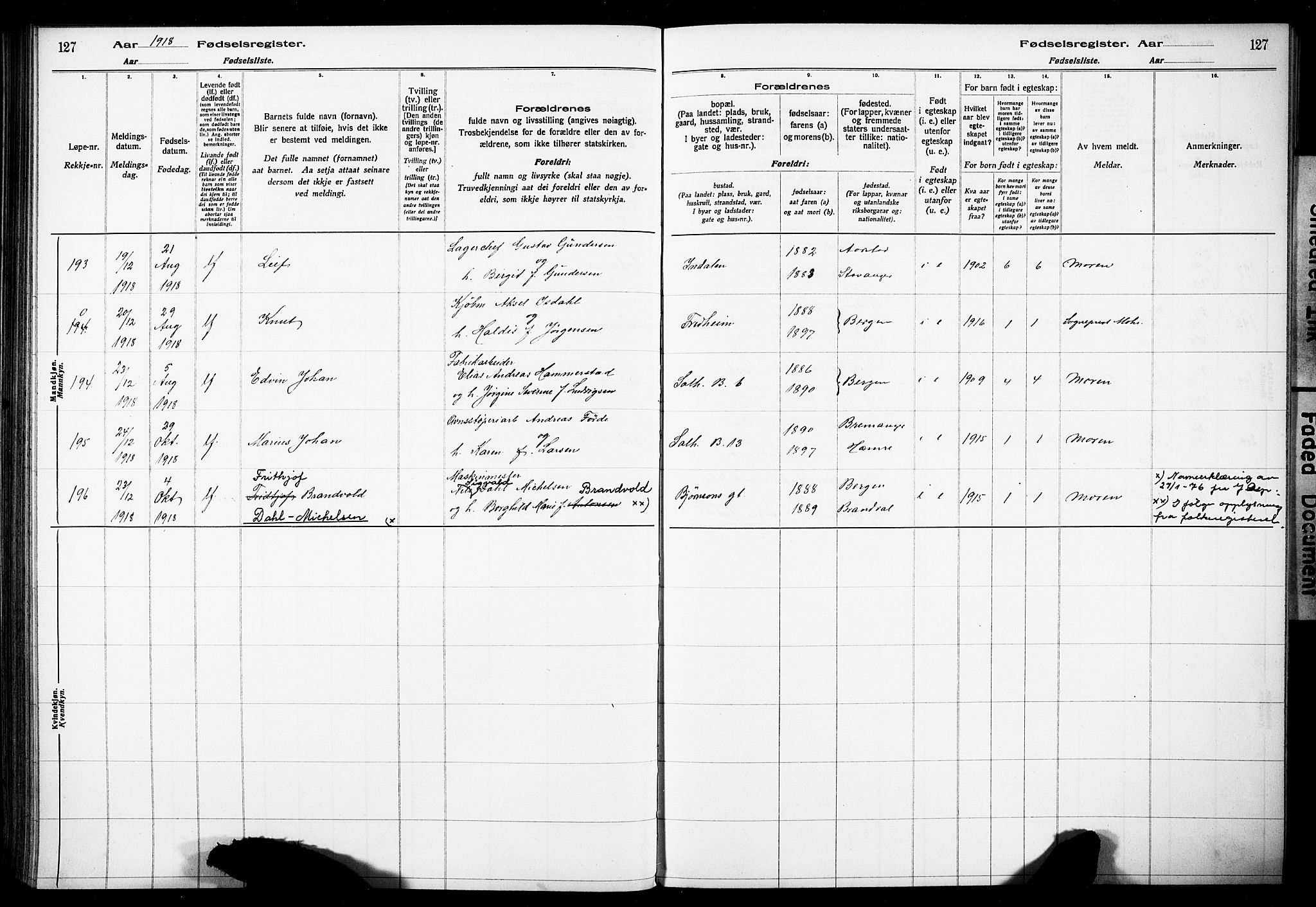Årstad Sokneprestembete, AV/SAB-A-79301/I/Id/L0A01: Fødselsregister nr. A 1, 1916-1920, s. 127