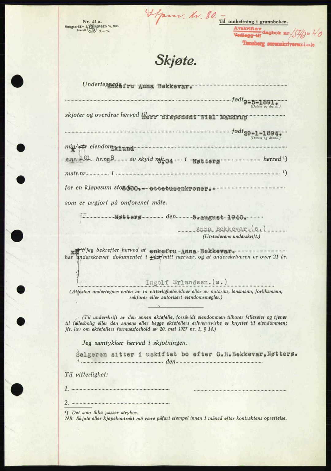 Tønsberg sorenskriveri, AV/SAKO-A-130/G/Ga/Gaa/L0009: Pantebok nr. A9, 1940-1941, Dagboknr: 1546/1940