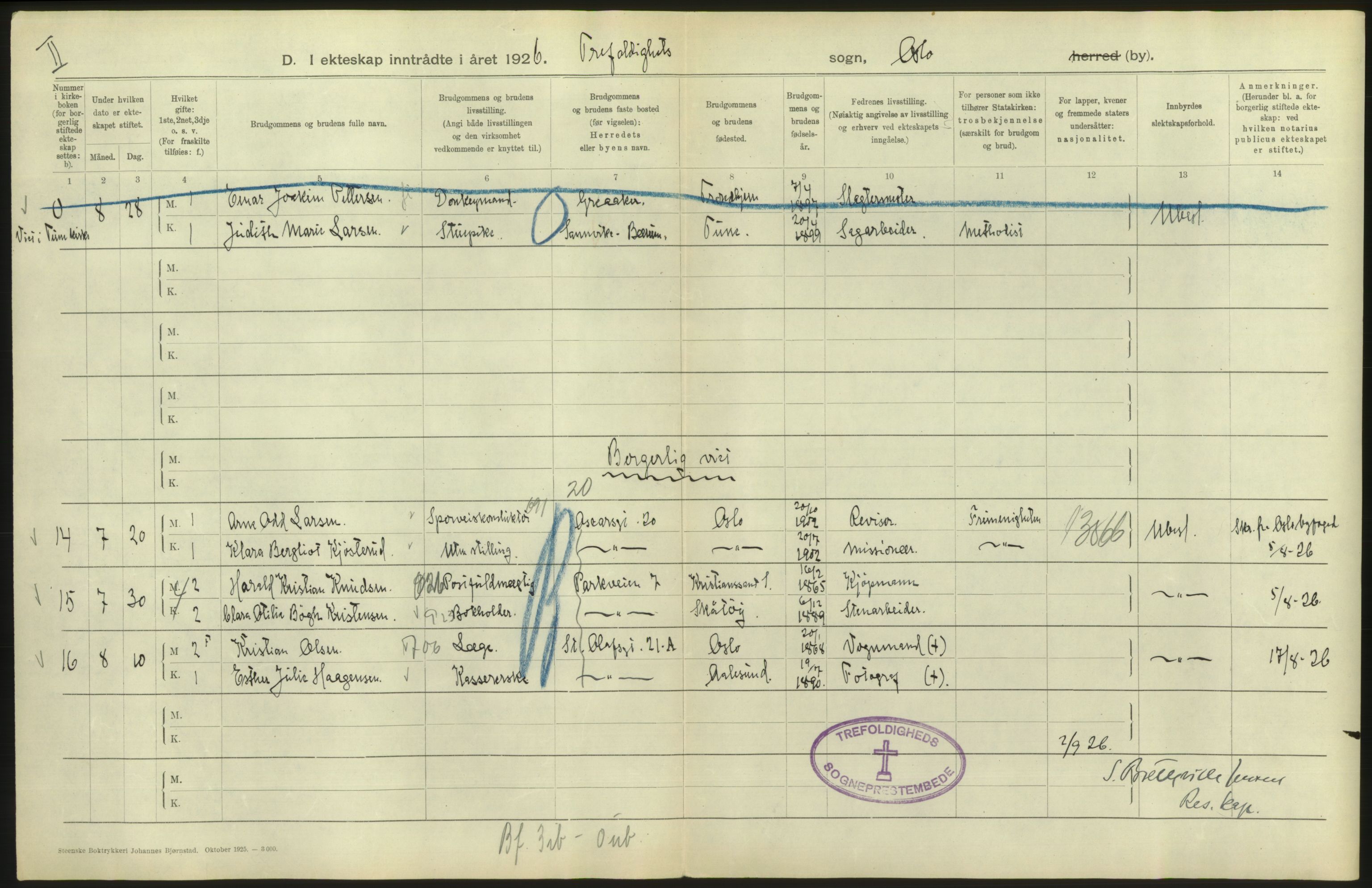 Statistisk sentralbyrå, Sosiodemografiske emner, Befolkning, AV/RA-S-2228/D/Df/Dfc/Dfcf/L0008: Oslo: Gifte, 1926, s. 40