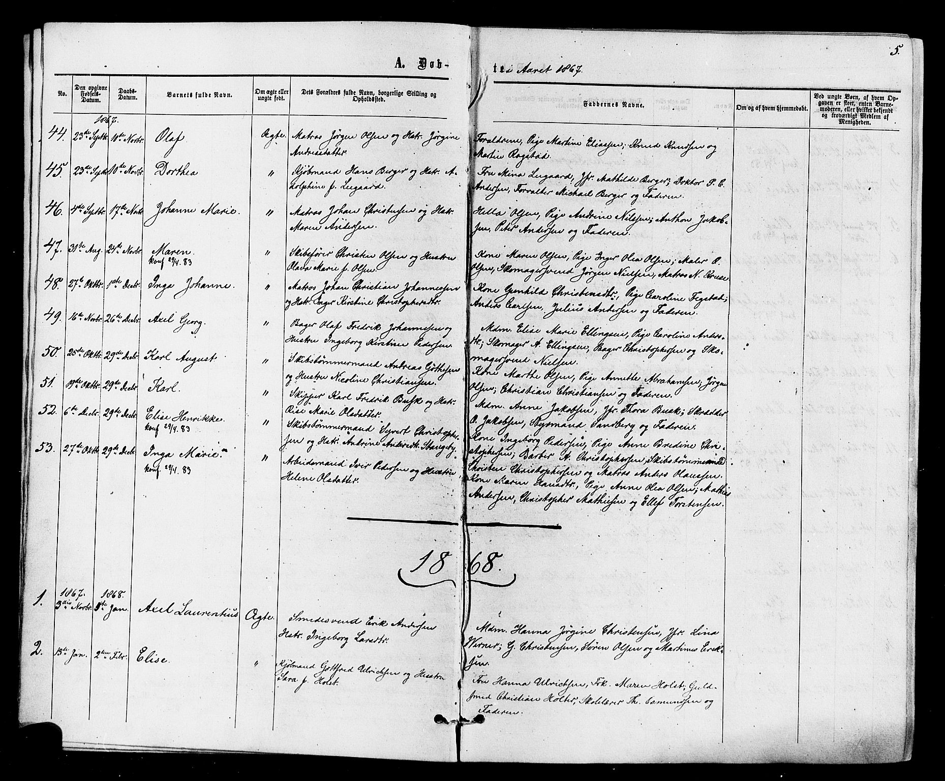 Holmestrand kirkebøker, AV/SAKO-A-346/F/Fa/L0003: Ministerialbok nr. 3, 1867-1879, s. 5