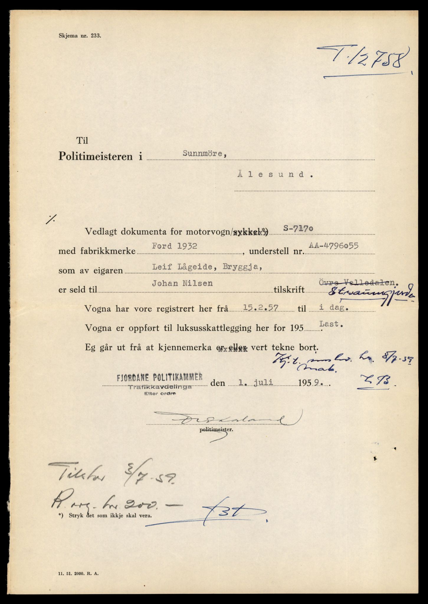 Møre og Romsdal vegkontor - Ålesund trafikkstasjon, AV/SAT-A-4099/F/Fe/L0035: Registreringskort for kjøretøy T 12653 - T 12829, 1927-1998, s. 2486
