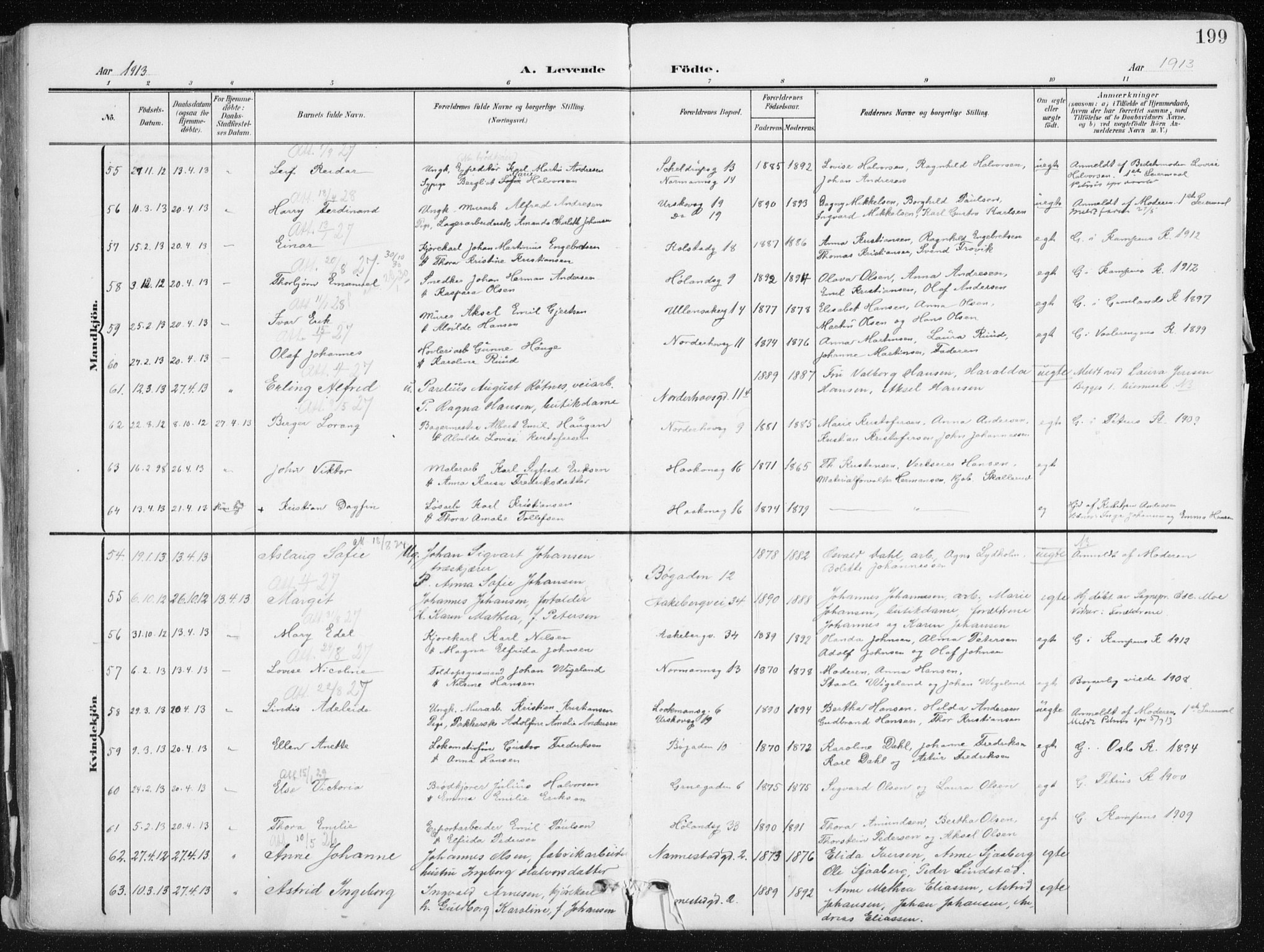 Kampen prestekontor Kirkebøker, AV/SAO-A-10853/F/Fa/L0010: Ministerialbok nr. I 10, 1905-1917, s. 199